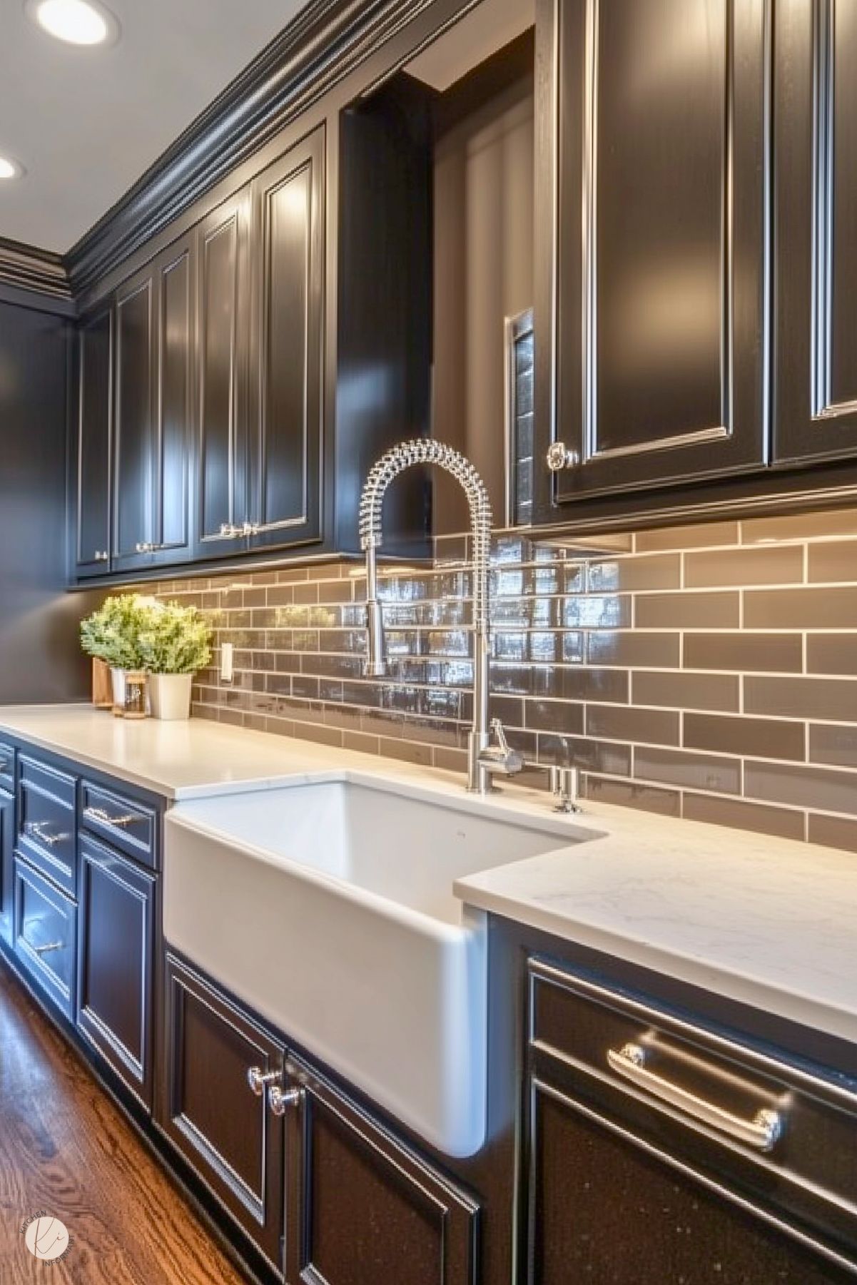 A classic kitchen featuring black cabinetry with polished hardware and a white farmhouse sink. The countertops are white, contrasting with the glossy gray subway tile backsplash. A stainless steel pull-down faucet adds a modern touch, while a small potted plant on the counter provides a pop of greenery. The dark wood flooring complements the cabinetry, creating a warm and cohesive design.