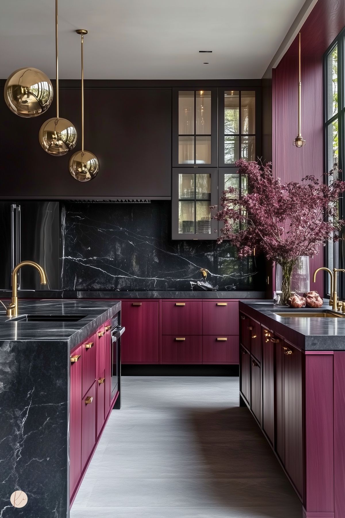 A modern kitchen with rich plum-colored cabinetry and black marble countertops featuring dramatic white veining. The backsplash matches the countertops, creating a cohesive, luxurious look. Gold hardware, including sleek faucets and pendant lighting, adds warmth and elegance. Large windows allow natural light to illuminate the space, and a vase of deep red foliage on the countertop provides a natural, decorative accent. The room is grounded with light gray flooring for balance.