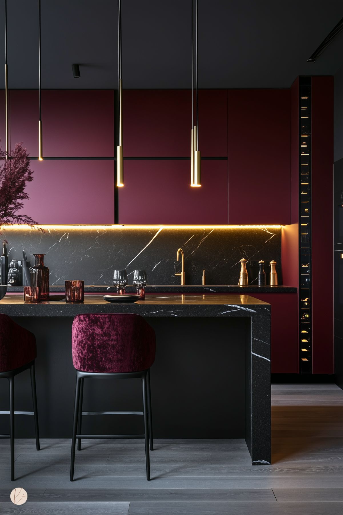 A modern kitchen with deep burgundy cabinetry and a black marble backsplash with white veining. The black island features matching marble and is paired with plush burgundy velvet barstools. Gold accents, including the faucet and pendant lighting, add warmth and elegance. LED strip lighting beneath the cabinets highlights the backsplash, while decorative glassware and metallic details complete the luxurious design. The gray wood flooring contrasts subtly with the rich tones above.