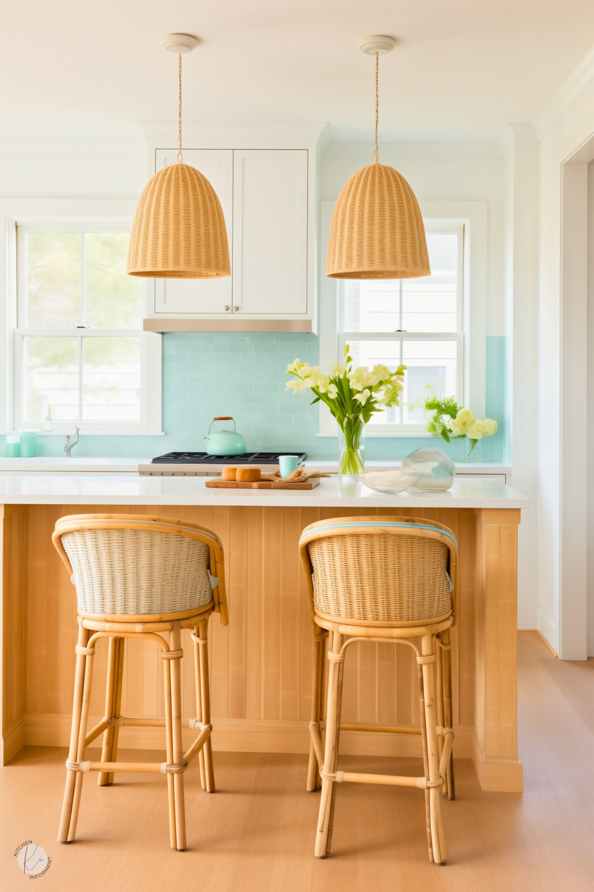 A charming coastal-style kitchen featuring a light wood island with a white countertop and two rattan barstools. The backsplash showcases soft aqua subway tiles, complemented by white cabinetry. Two woven pendant lights hang above the island, while a vase of white flowers and a pastel teal kettle add bright, cheerful accents. Large windows provide natural light, enhancing the fresh and airy atmosphere.