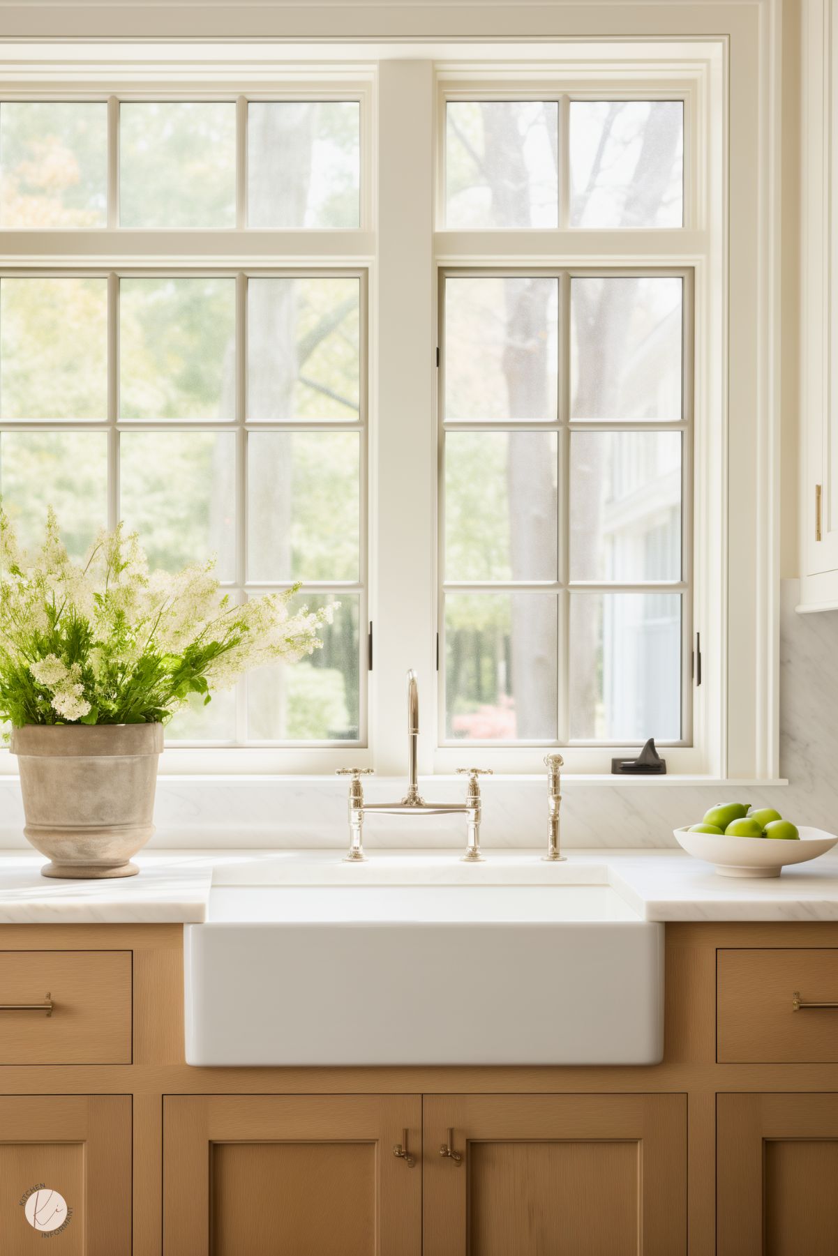 A serene kitchen sink area featuring a farmhouse-style white apron sink with polished nickel faucets. The natural wood cabinetry complements the bright marble countertop and backsplash. Large windows flood the space with natural light and offer a view of greenery outside. A potted plant with delicate white flowers and a bowl of green apples add a fresh and inviting touch to the space.