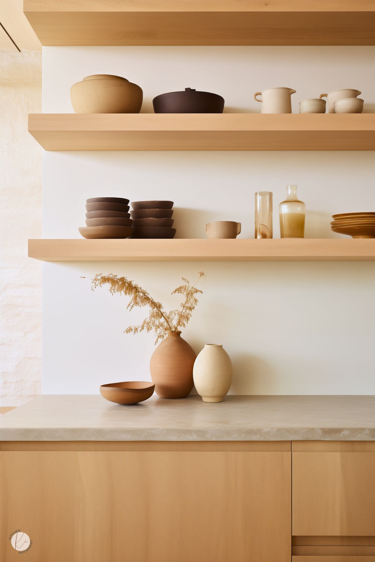 A minimalist kitchen vignette featuring light wood floating shelves displaying neutral-toned ceramics and glassware, including bowls, pitchers, and jars. Below, a beige countertop holds a small arrangement of terracotta and cream vases with dried foliage, adding warmth and texture. The natural wood cabinetry beneath maintains the soft, earthy palette, creating a serene and cohesive aesthetic.