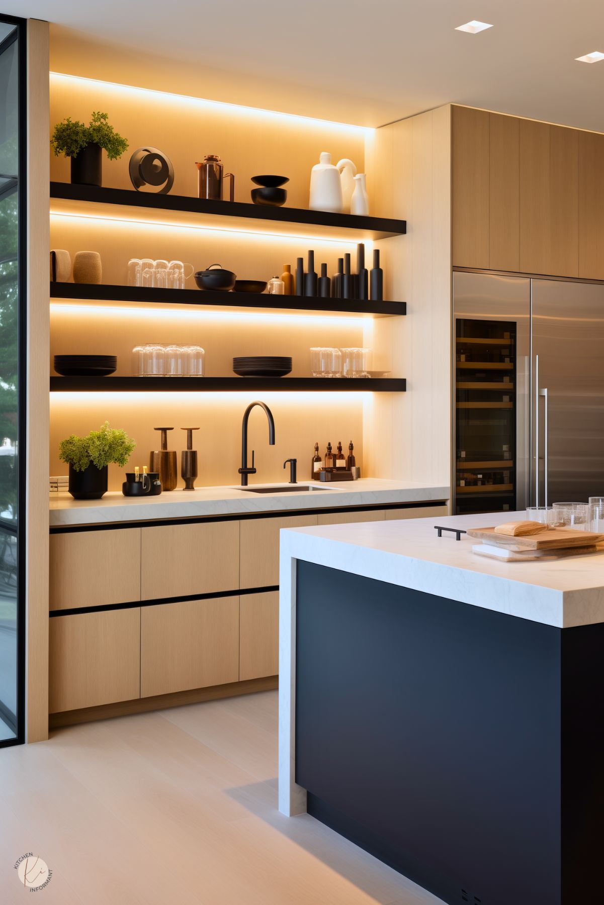 A sleek, modern kitchen featuring white oak cabinetry paired with black accents. Open shelves with integrated backlighting display decorative items, glassware, and ceramics in black and white tones. A black faucet and sink sit against a light backsplash, while a black island with a white marble countertop anchors the space. A stainless steel refrigerator adds a contemporary touch, and natural light filters through nearby windows.