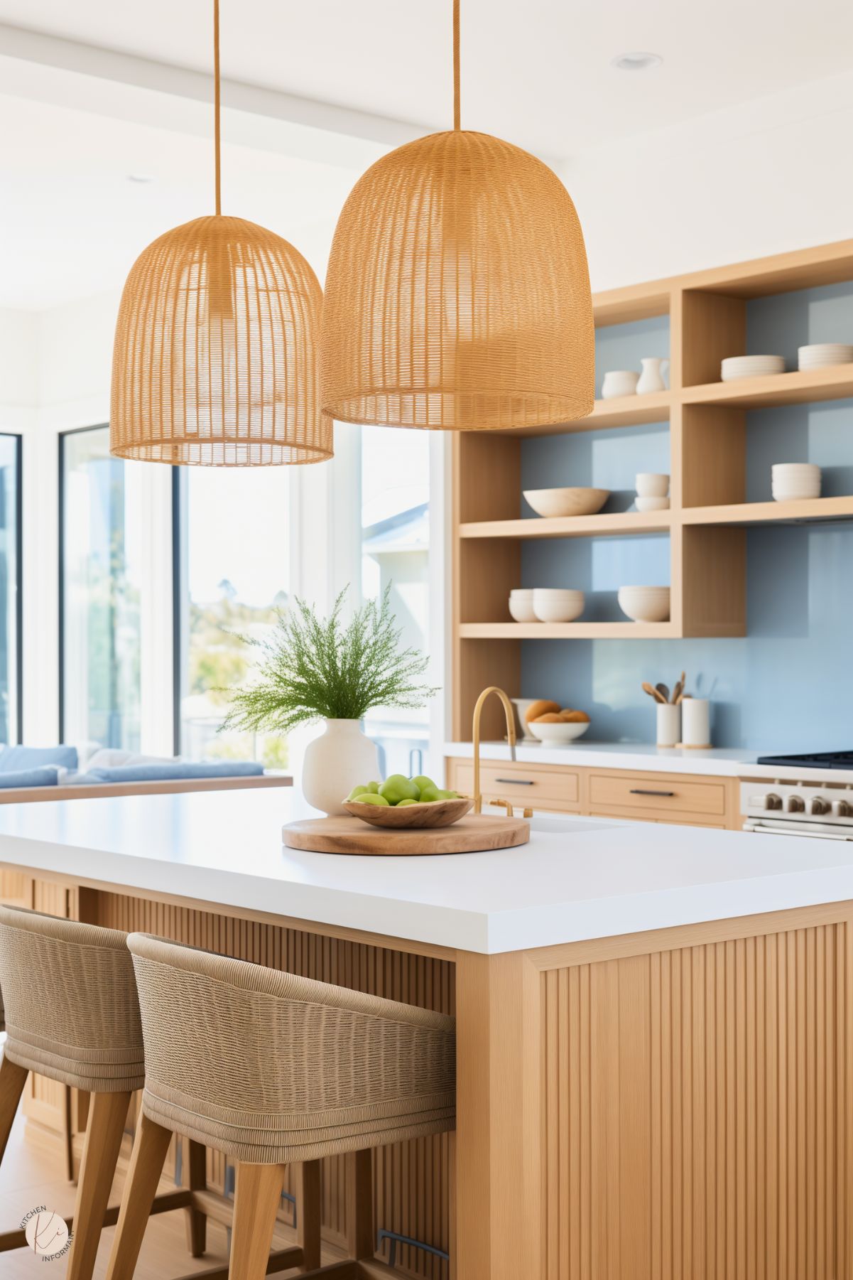 A bright and airy kitchen featuring a natural wood island with fluted paneling, a crisp white countertop, and woven barstools. Two oversized woven pendant lights hang above the island, enhancing the coastal vibe. Open wood shelving displays neutral dishware against a soft blue backsplash. A vase with greenery and a wooden tray with green apples add fresh and natural accents to the inviting space.