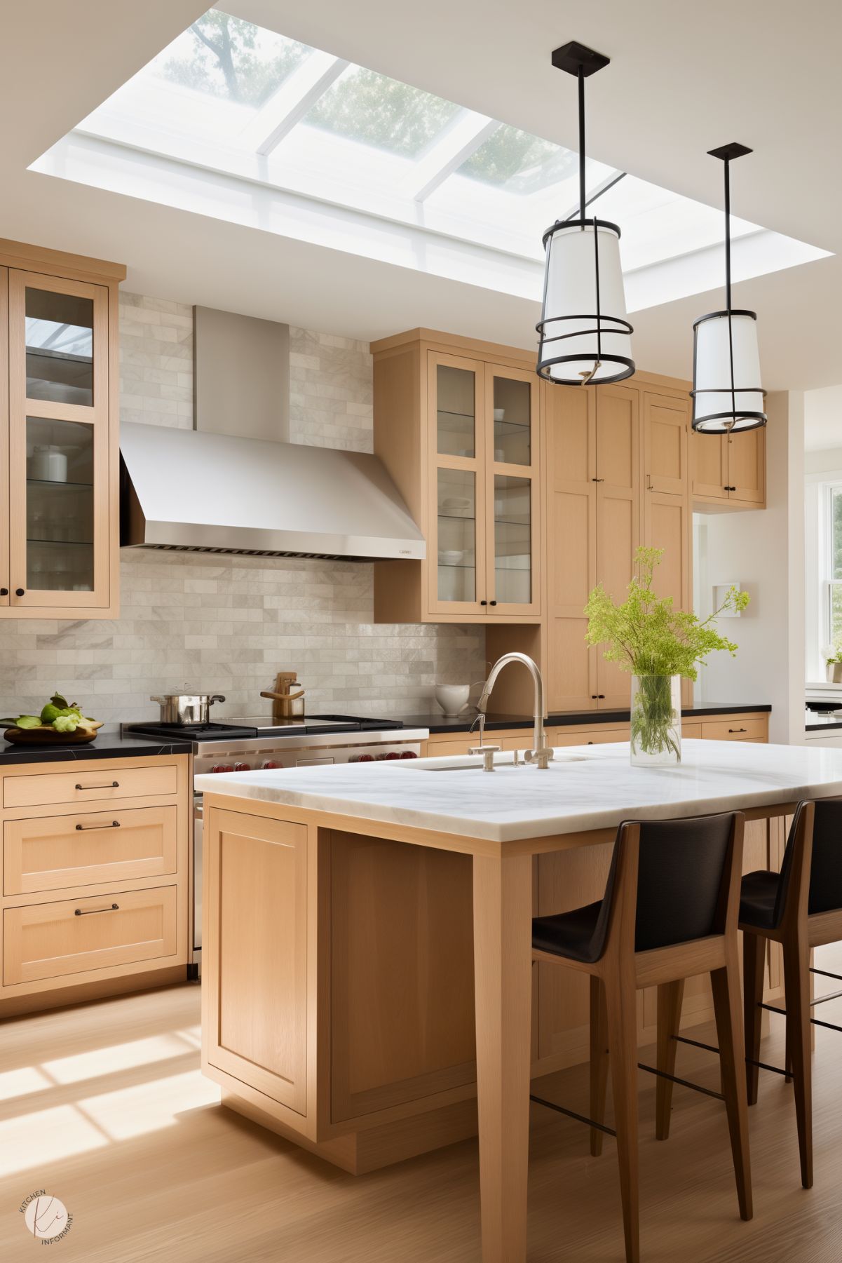 A bright and airy kitchen featuring white oak cabinets with glass-front upper doors, paired with a marble-topped island and sleek black countertops. A stainless steel range hood is set against a textured tile backsplash. Pendant lights with black frames and white shades hang above the island, while a skylight floods the space with natural light. The island is accented by black leather-backed stools and a vase of fresh greenery.