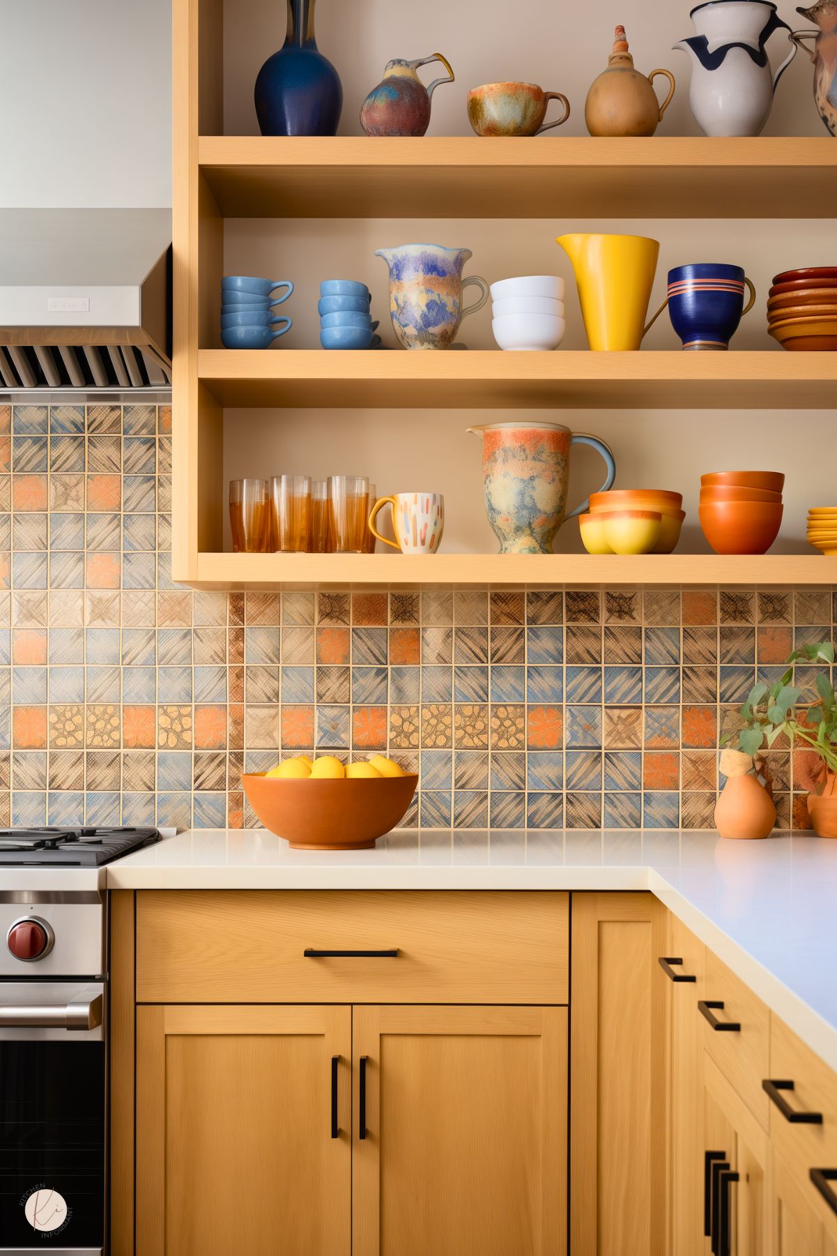 A vibrant kitchen with white oak cabinets and open shelves displaying colorful ceramics, including mugs, pitchers, and bowls. The backsplash features patterned tiles in warm orange and blue tones, adding texture and charm. A bowl of lemons sits on the white countertop, next to a modern stainless steel range. Small decorative plants in terracotta pots complete the lively design.