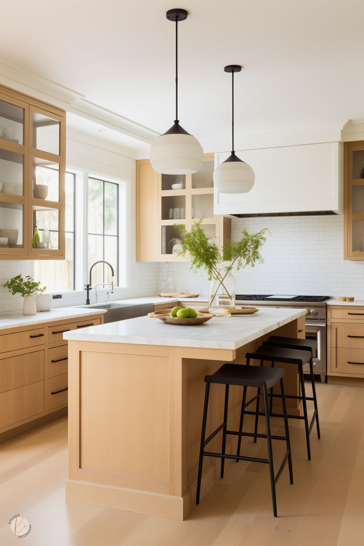 A bright, contemporary kitchen featuring natural wood cabinetry and a central island with a marble countertop. Black barstools provide contrast, while globe pendant lights add a touch of elegance. Glass-front cabinets display neutral dishware, and a white tile backsplash enhances the clean aesthetic. The space is accented with fresh greenery in glass vases and a wooden bowl of green apples, creating a warm and inviting atmosphere.