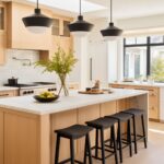 A bright and modern kitchen featuring white oak cabinetry, a marble-topped island with seating for four black stools, and sleek black pendant lights with white diffusers. A vase with fresh greenery and a bowl of lemons add natural accents to the island. The backsplash is a subtle white tile, complemented by stainless steel appliances and a built-in pot filler. Large windows and a skylight flood the space with natural light.