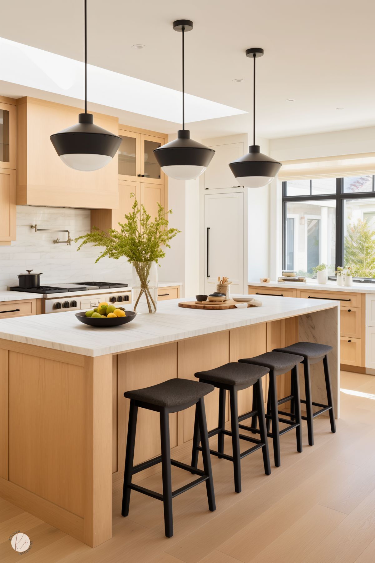 A bright and modern kitchen featuring white oak cabinetry, a marble-topped island with seating for four black stools, and sleek black pendant lights with white diffusers. A vase with fresh greenery and a bowl of lemons add natural accents to the island. The backsplash is a subtle white tile, complemented by stainless steel appliances and a built-in pot filler. Large windows and a skylight flood the space with natural light.