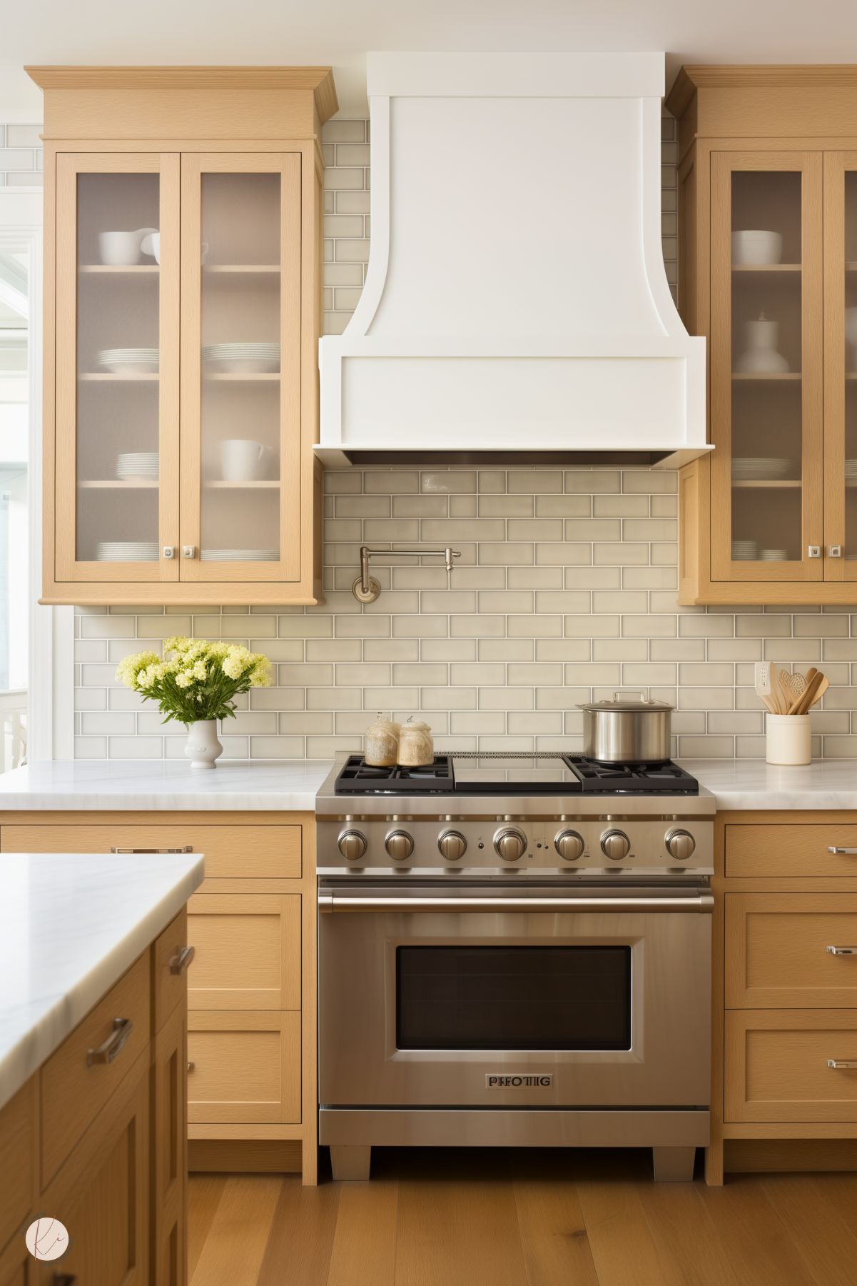 A bright and elegant kitchen showcasing natural wood cabinetry with frosted glass doors, paired with a white tile backsplash. A stainless steel range is centered beneath a custom white hood, accompanied by a sleek pot filler. The countertop features simple decor, including a vase of fresh yellow flowers and a ceramic utensil holder, adding charm to the clean and inviting design. Light wood flooring completes the cohesive, warm look.