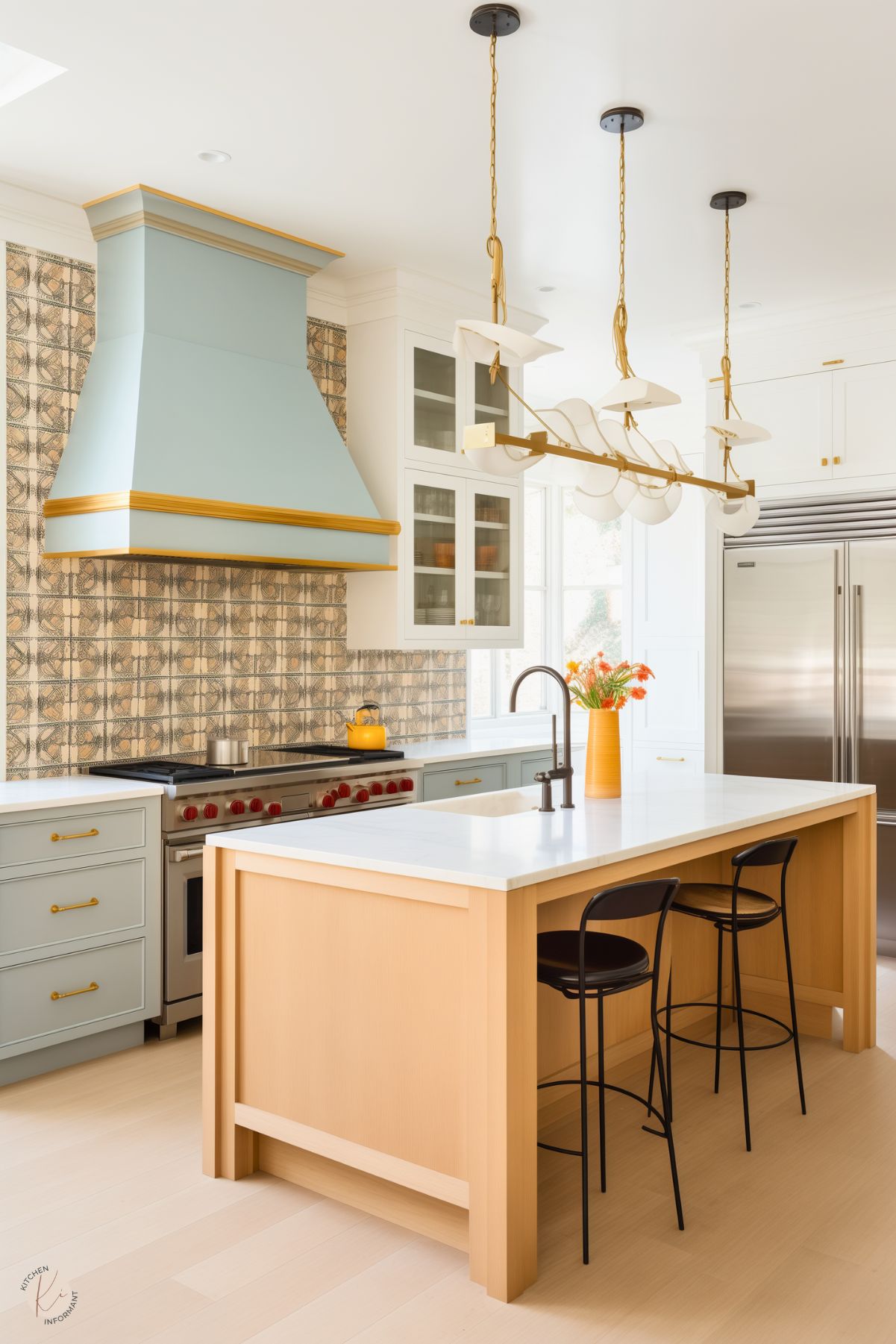 A vibrant kitchen featuring a pastel blue range hood with gold trim, set against a patterned tile backsplash. The light wood island has a white countertop with a farmhouse sink and black faucet, paired with black barstools. Elegant gold and white pendant lights hang above, adding a modern touch. Soft blue cabinetry with gold hardware and a stainless steel refrigerator complete the stylish and colorful design. A vase with orange flowers adds a cheerful accent.