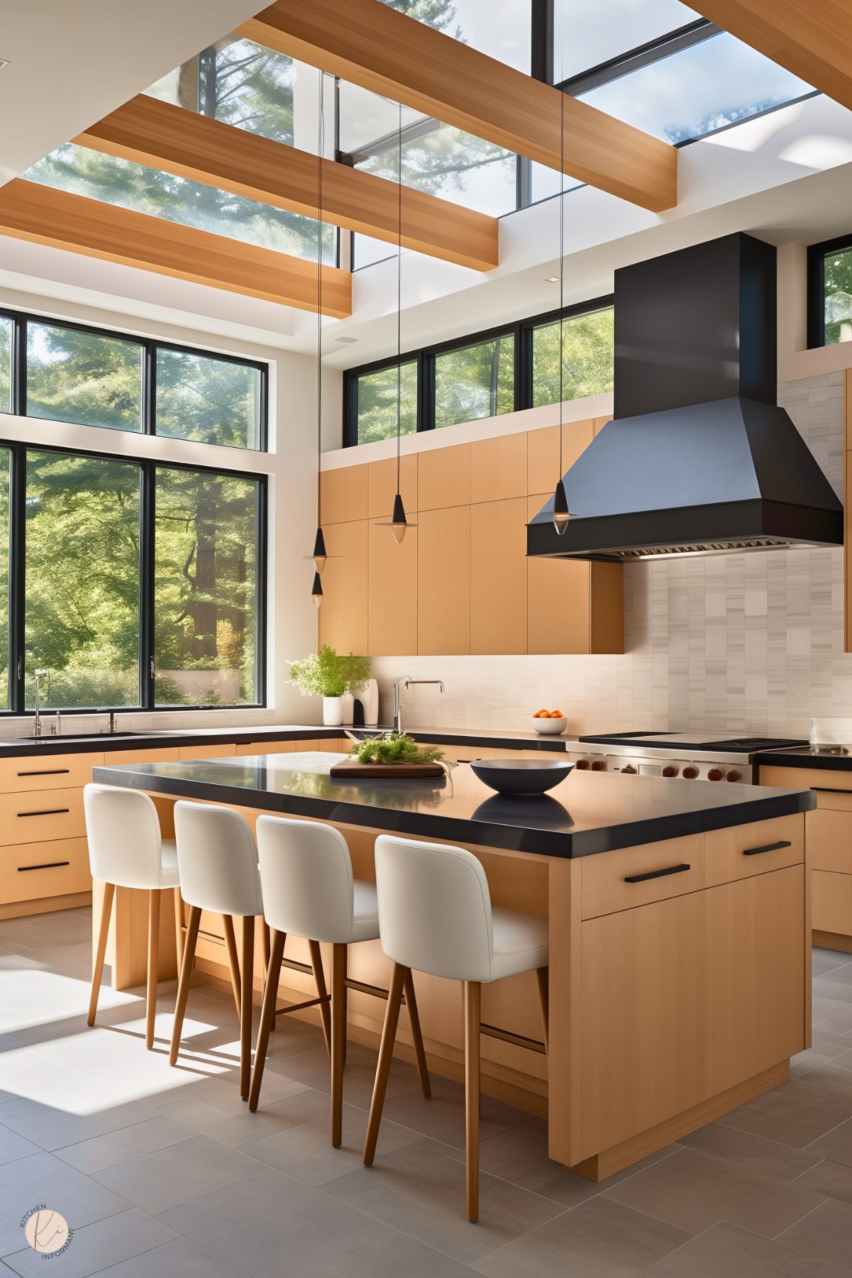 A modern kitchen with white oak cabinetry, black countertops, and a large island with seating for four white upholstered stools. A black range hood is centered against a tiled backsplash, and pendant lights hang above the island. Floor-to-ceiling windows and skylights allow ample natural light, showcasing surrounding greenery.