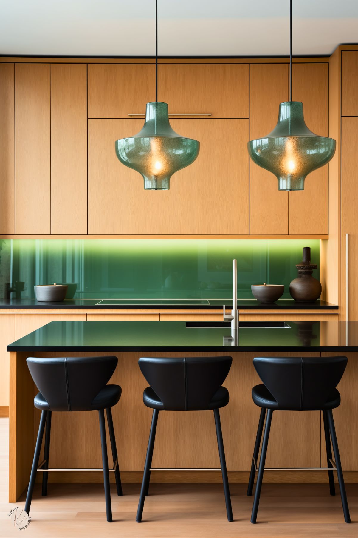 A sleek modern kitchen featuring natural wood cabinetry, a bold green glass backsplash, and a black countertop with a built-in sink. The island is paired with three black leather barstools, and above it hang two contemporary green glass pendant lights. Minimalist decor, including a few earthy-toned ceramics, adds a sophisticated touch to the clean and vibrant design.