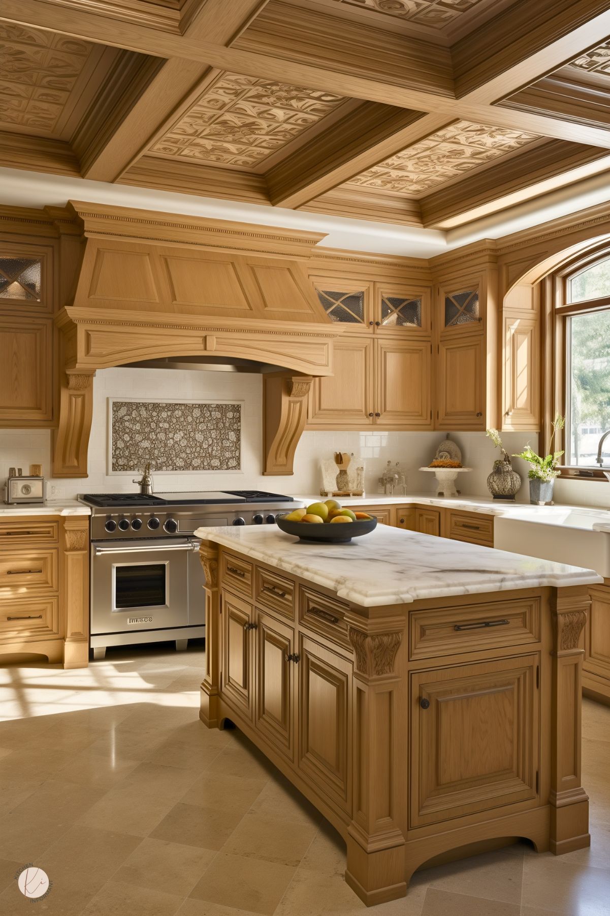 A luxurious traditional kitchen featuring intricately detailed natural wood cabinetry and a coffered ceiling with ornate inlays. The centerpiece is a large island with carved wood details and a polished marble countertop. A professional stainless steel range is framed by a custom wood hood and backsplash with a mosaic design. The farmhouse sink, arched window, and elegant decor, such as a fruit bowl and potted greenery, add charm and warmth to the space.