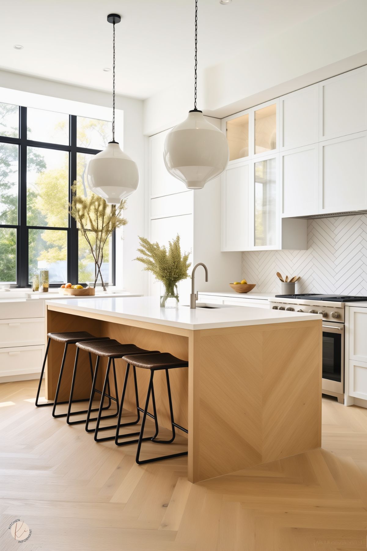 A bright, contemporary kitchen featuring a light wood island with chevron detailing and a white countertop. Sleek black barstools add contrast, while two large white pendant lights provide a modern touch. The space is enhanced by tall black-framed windows that let in natural light, and a white herringbone backsplash complements the minimalist white cabinetry. Decorative vases with dried and fresh greenery add warmth and texture.