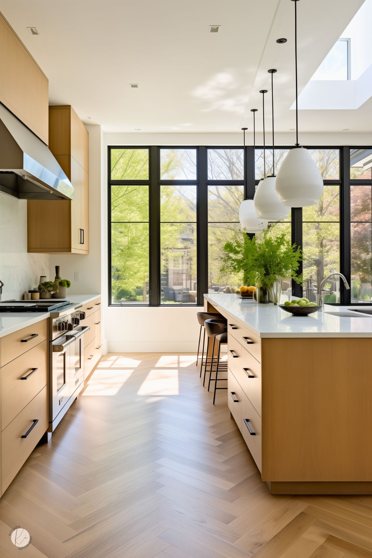 A bright, modern kitchen with sleek white oak cabinetry, a large island featuring a white countertop and integrated drawers, and a set of black bar stools. The space is illuminated by floor-to-ceiling black-framed windows and skylights, with pendant lighting hanging above the island. Herringbone-patterned hardwood floors add texture, and green foliage decorates the island.