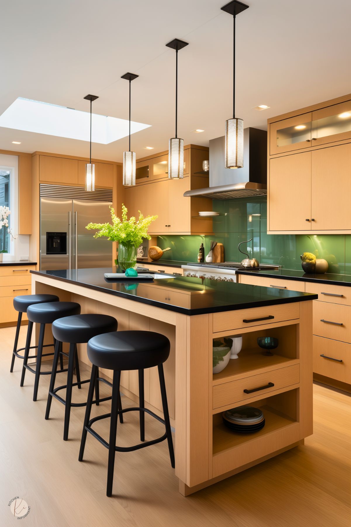 A contemporary kitchen with white oak cabinetry, a black countertop island, and sleek black stools for seating. Pendant lights with cylindrical shades hang above the island, adding elegance. A green glass backsplash provides a pop of color, complemented by stainless steel appliances. A vase with fresh greenery decorates the island, while open shelving and recessed lighting enhance the modern design.