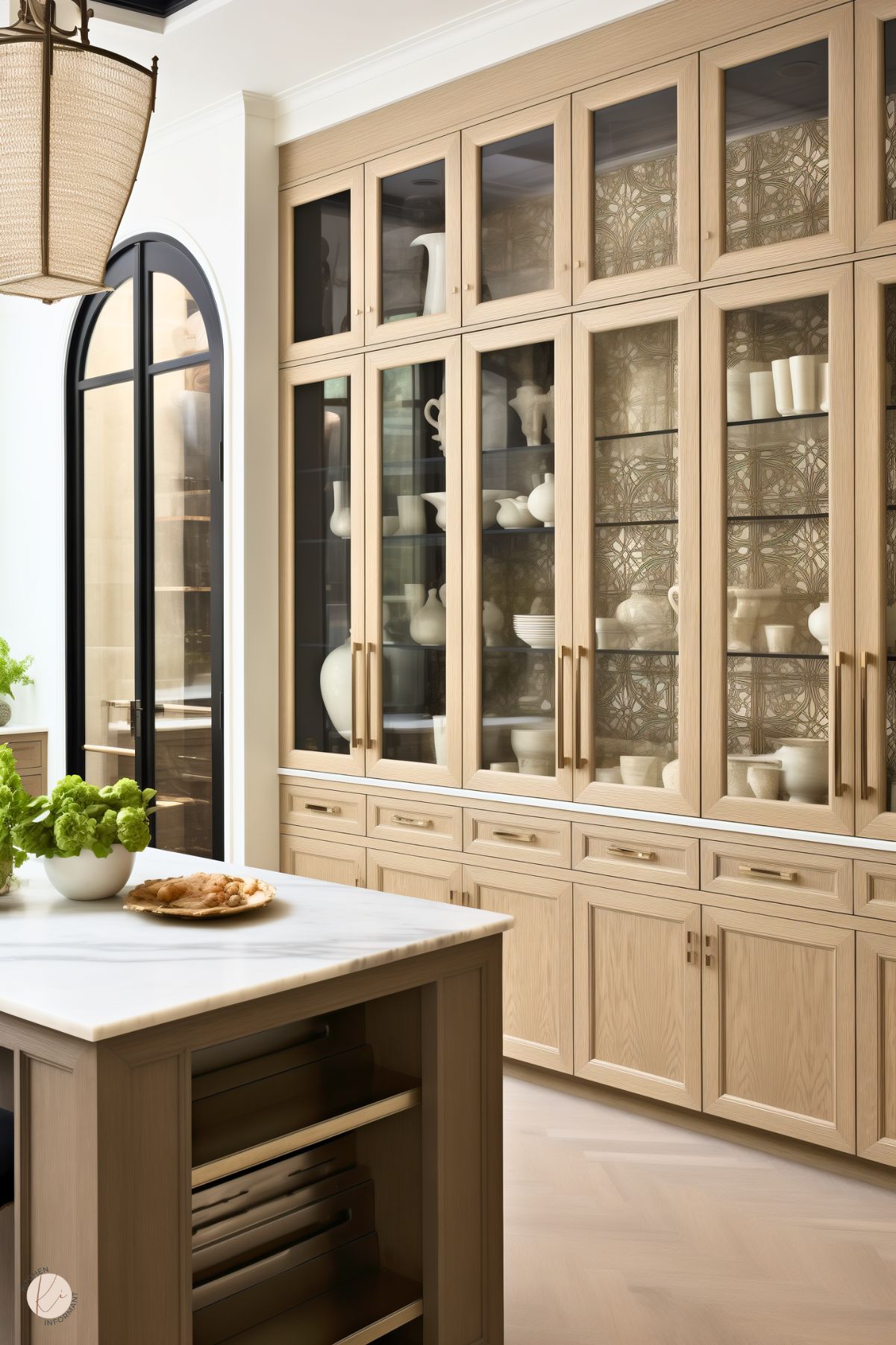 A sophisticated kitchen with white oak cabinetry featuring glass-paneled doors, showcasing neatly arranged white dishware against a patterned gold-toned backsplash. A central island with a white marble countertop includes open shelving for storage. The space is enhanced by a large black-framed arched glass door and a woven pendant light, adding texture and elegance. A bowl of fresh greenery and a plate of pastries sit atop the island.