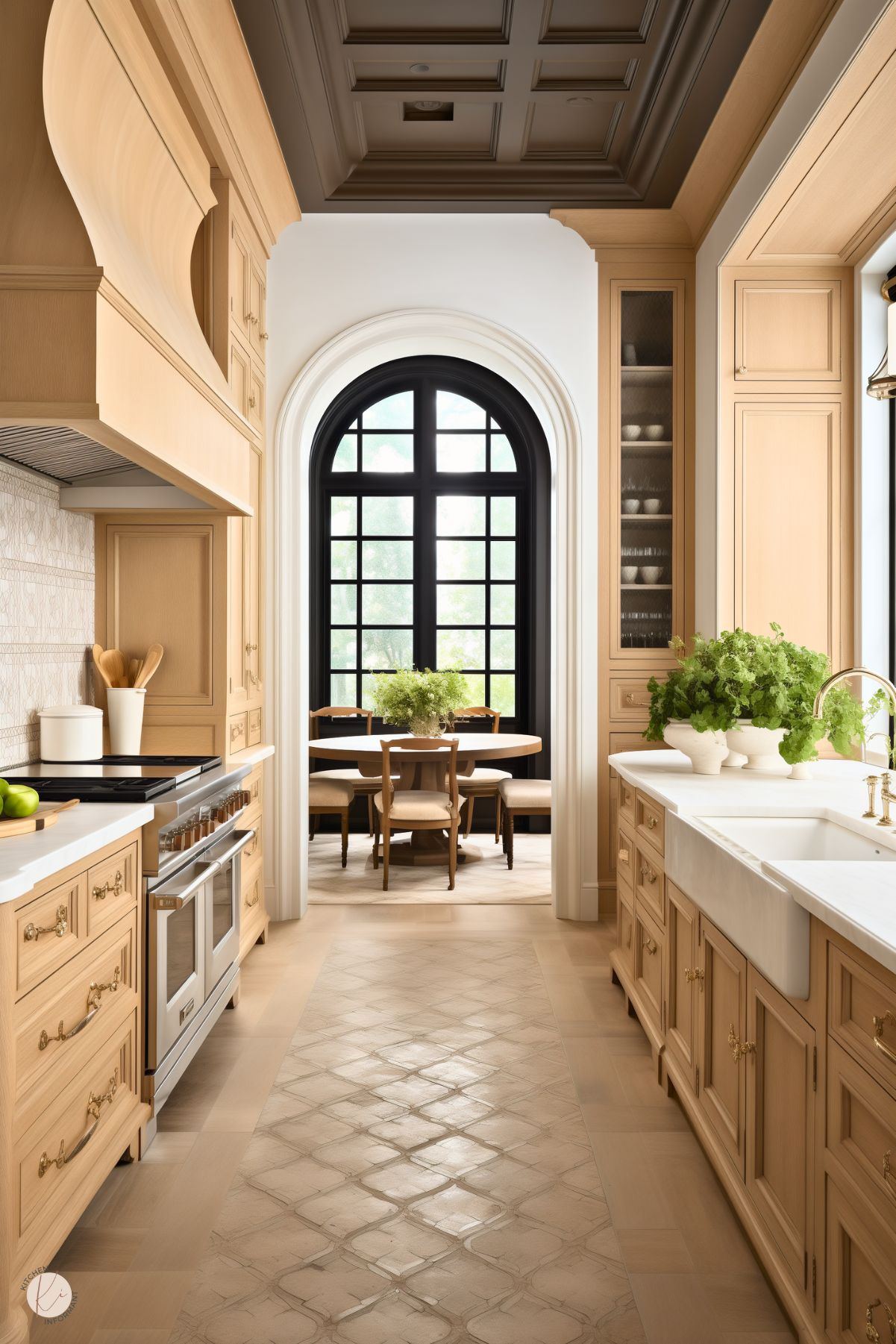 A luxurious kitchen with white oak cabinetry adorned with intricate brass hardware. The design features a farmhouse sink, marble countertops, and a decorative tile backsplash. An arched black-framed window provides a striking focal point, leading to a cozy dining nook with a round wooden table and upholstered chairs. The ceiling boasts elegant coffered details, while lush green plants add vibrancy to the space.