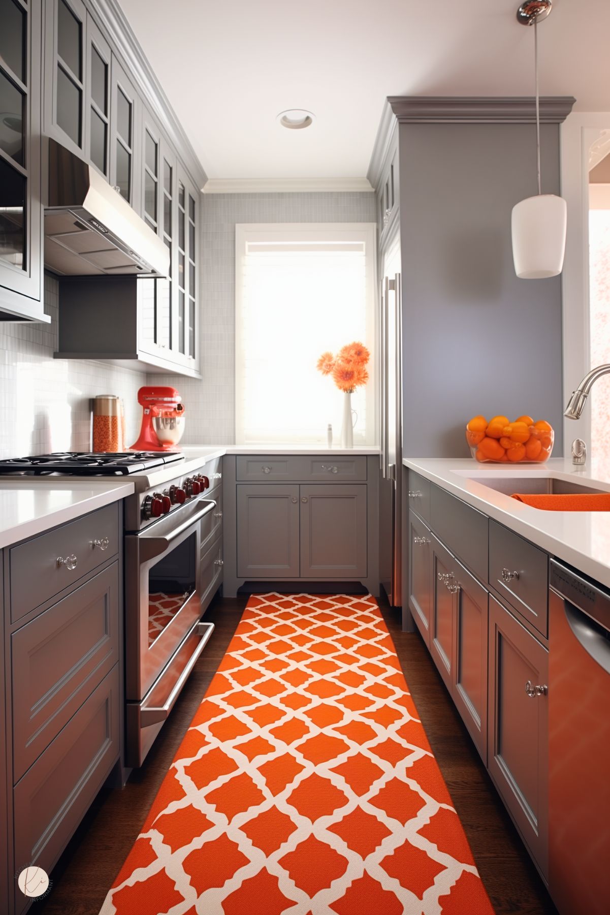 A sleek galley kitchen with gray cabinetry and chrome hardware, featuring a bold orange and white patterned runner that complements an orange sink and matching accents. The countertop displays a vase of vibrant orange flowers and a clear bowl of oranges, while a red stand mixer adds a pop of color. A stainless steel oven and range, along with a pendant light, complete the modern design.