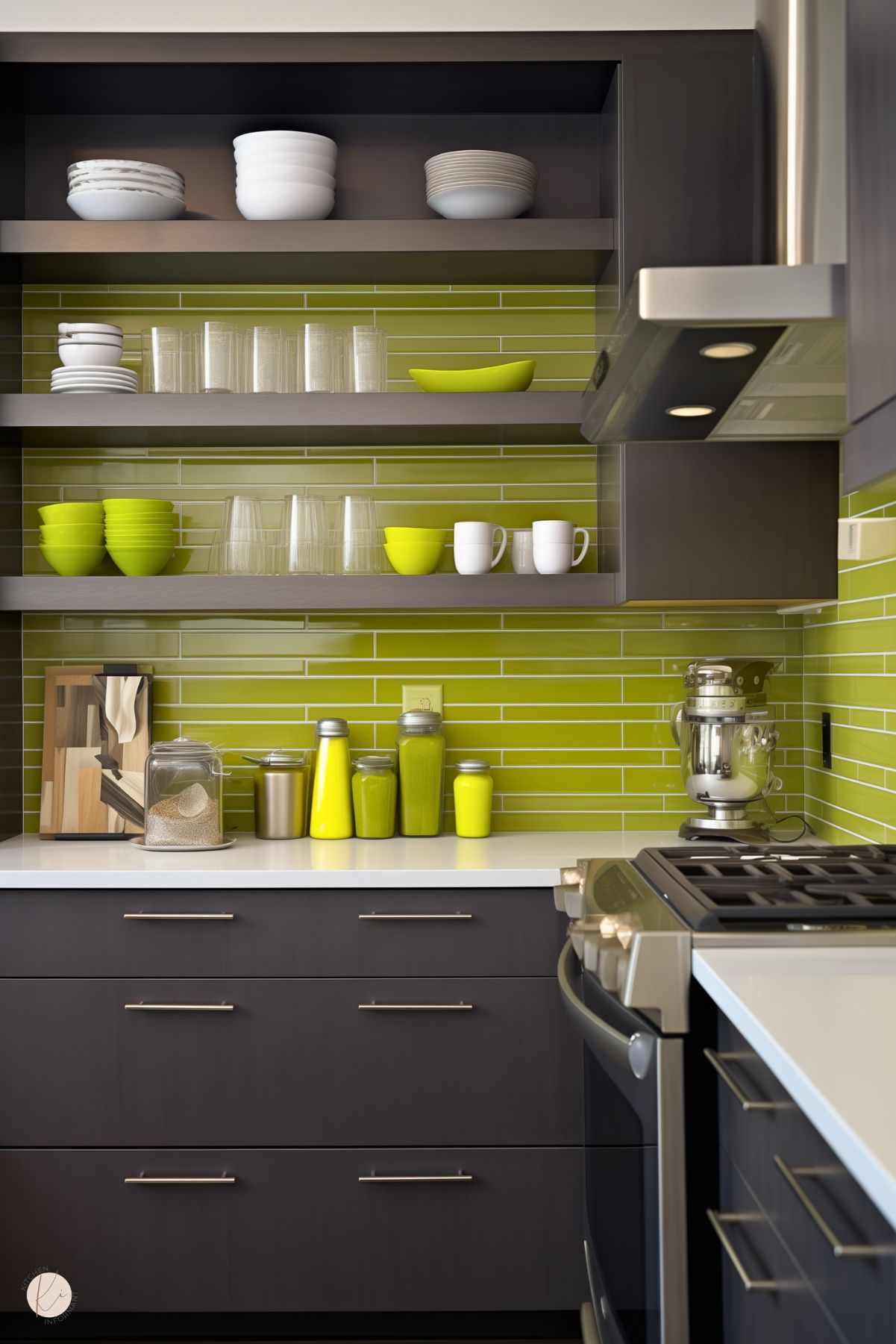 A modern kitchen featuring dark cabinetry with sleek silver handles, contrasted by a vibrant lime green subway tile backsplash. Open shelving displays a mix of white and lime green dishware, along with glassware for added texture. The countertop holds coordinating green and metallic containers, while a stainless steel stand mixer and appliances enhance the contemporary vibe. The bold color scheme adds energy to the minimalist design.