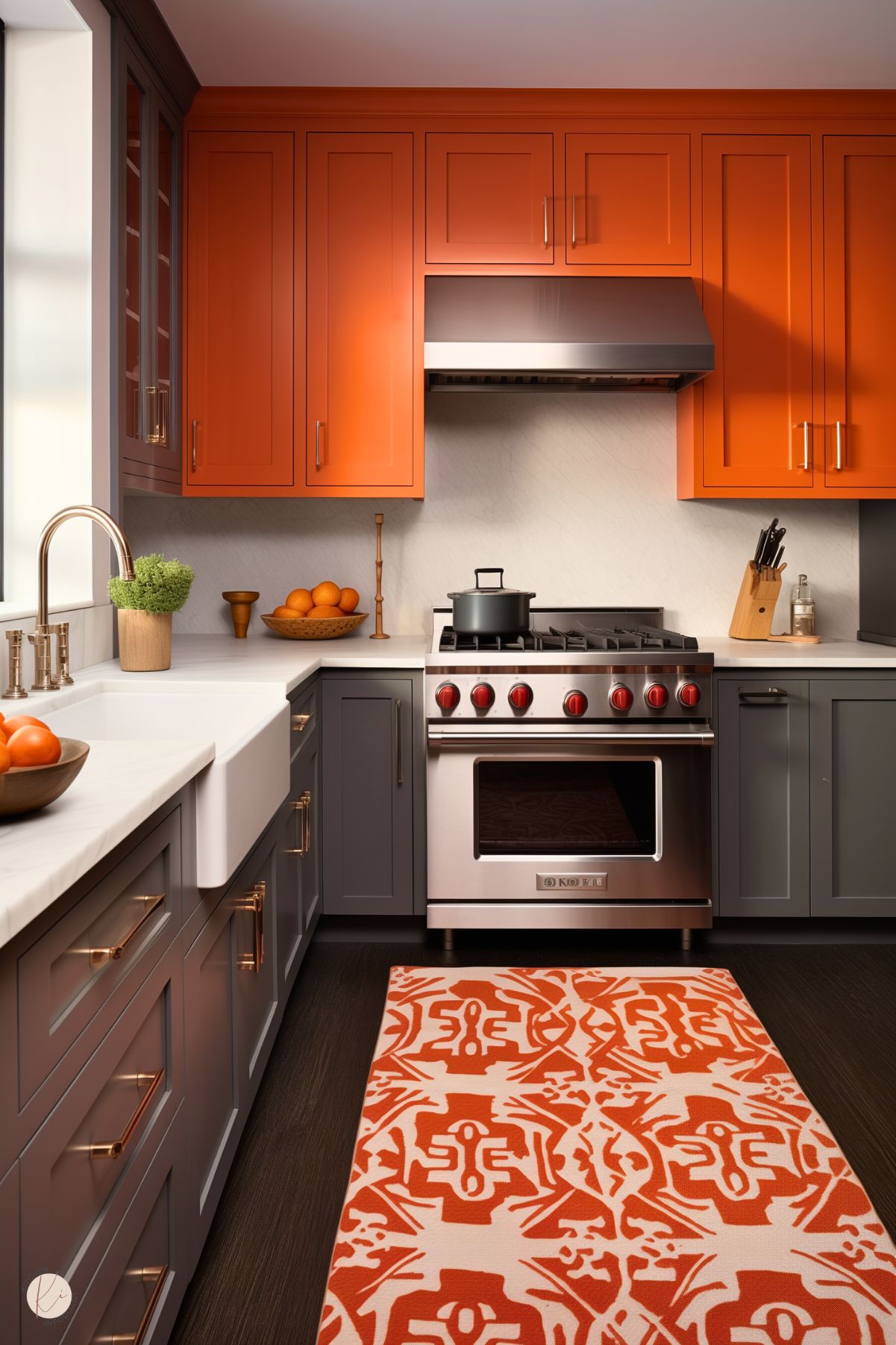 A bold kitchen design featuring bright orange upper cabinets paired with deep gray lower cabinets, both accented with sleek brass hardware. The stainless steel stove with red control knobs adds a contemporary touch, complemented by a farmhouse sink with a brass faucet. The countertop displays minimal decor, including a bowl of fresh oranges and a potted plant. A vibrant orange and white patterned rug ties the design together, creating a lively and modern atmosphere.