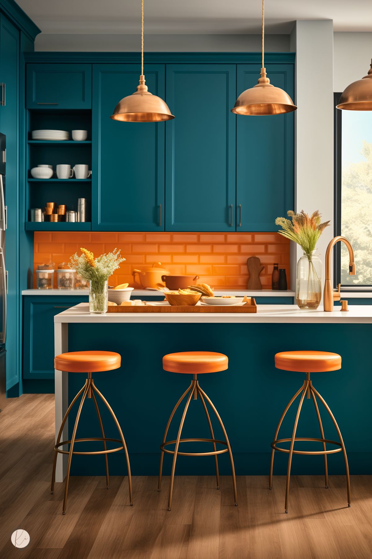 A vibrant kitchen featuring teal cabinetry paired with a bold orange subway tile backsplash. The island is accented with orange leather-topped stools and a white countertop, while copper pendant lights hang above. Warm wood flooring and decorative touches, such as a vase with greenery and wooden serving bowls, add natural elements to balance the bold color palette. Large windows allow natural light to enhance the cheerful and modern design.