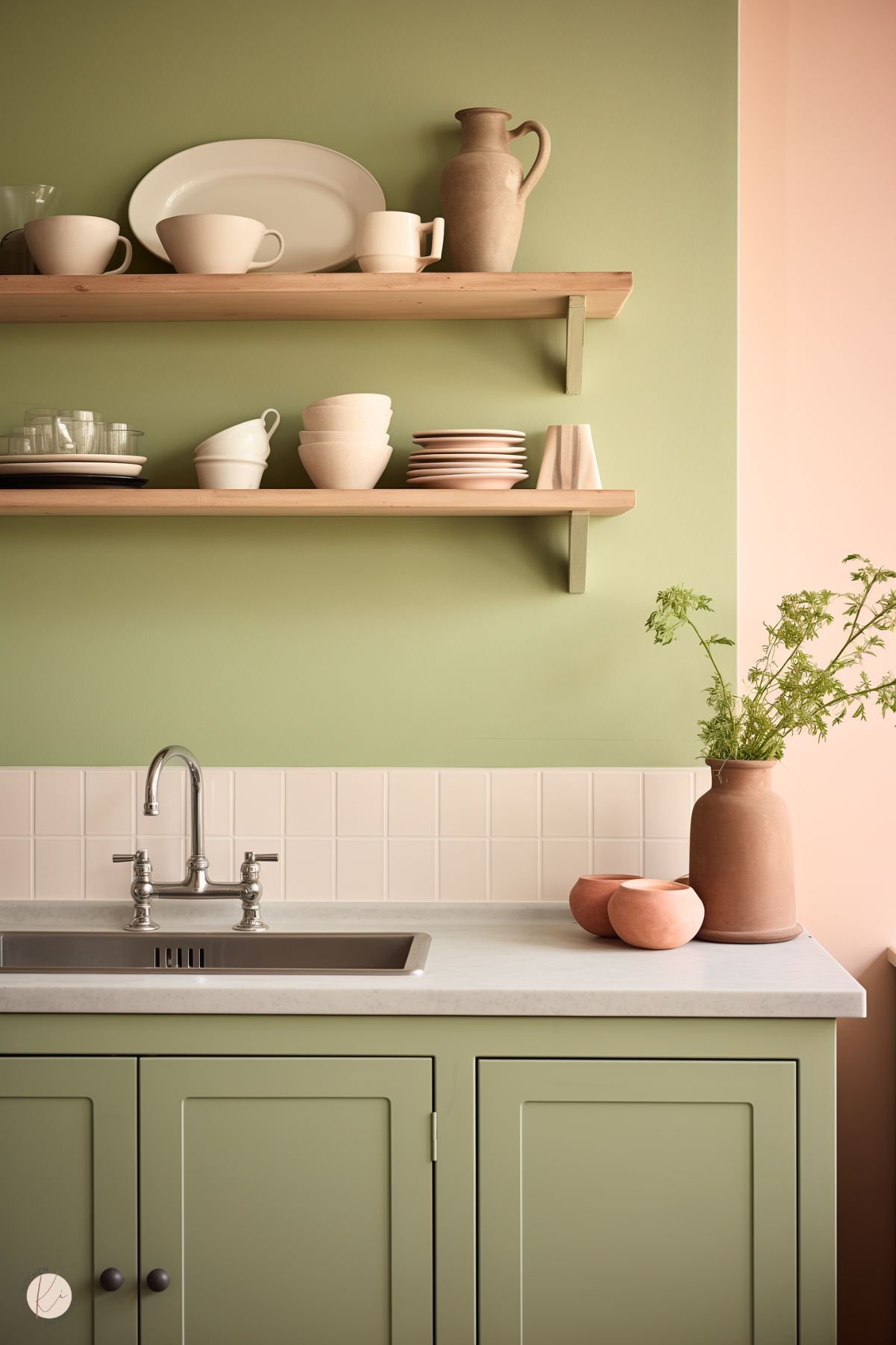 A charming kitchen vignette featuring sage green cabinetry paired with a soft beige backsplash. Open wooden shelves display neutral dishware, including plates, bowls, and mugs, adding a natural touch. A stainless steel sink with a classic faucet sits beneath the shelves, while terracotta vases with greenery enhance the earthy tones of the space. The backdrop includes pale green and peach walls for a fresh and calming aesthetic.