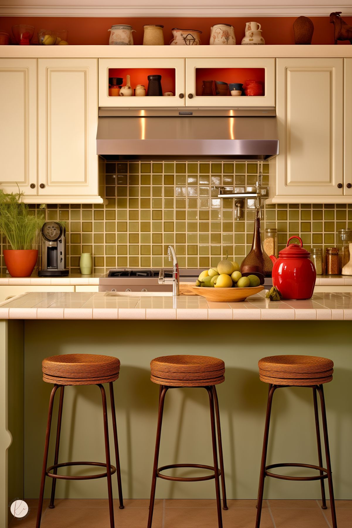 A warm and inviting kitchen with cream cabinetry and a backsplash of olive green square tiles. The upper cabinets feature open shelves with a backdrop of rich terracotta, displaying decorative pottery. The tiled countertop is styled with a red kettle, wooden bowl of fresh fruit, and glass jars. The island base is painted in a soft green and paired with woven rattan bar stools, creating a rustic yet cozy atmosphere. Subtle lighting enhances the earthy tones and textures.