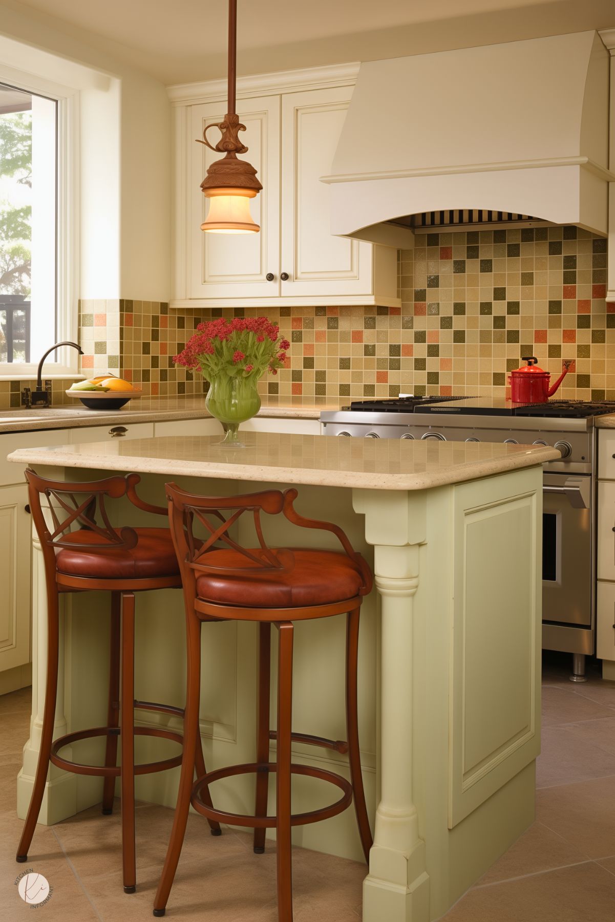 A cozy, traditional kitchen featuring cream cabinetry and a soft green island with a beige countertop. The backsplash showcases a warm mosaic of earthy tones, complementing the space's inviting color palette. The island is paired with elegant bar stools with leather seats and intricate metal backrests. A vintage-style pendant light with a warm glow hangs above, adding a charming touch. A vase of fresh red flowers and subtle decor complete the warm, welcoming atmosphere.