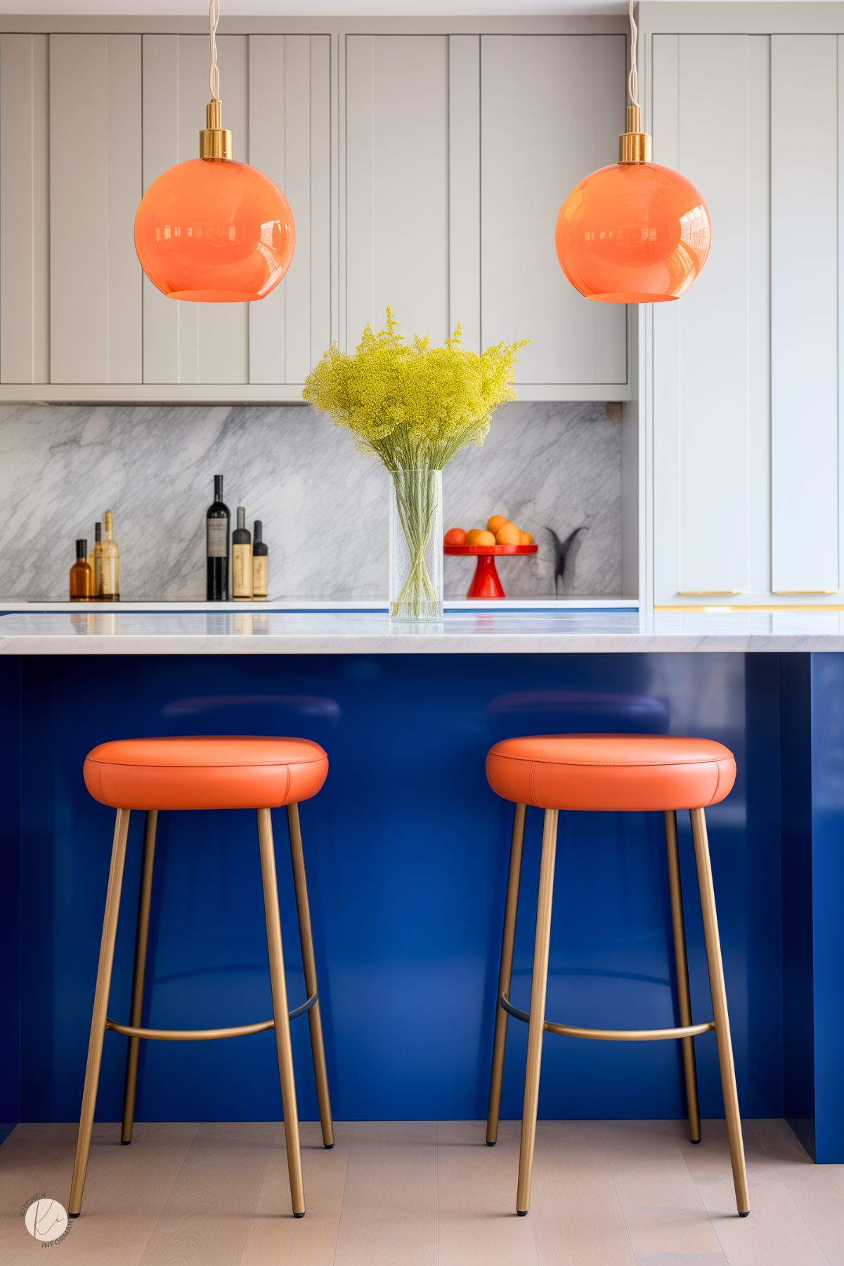 A contemporary kitchen with a bold color palette featuring a royal blue island, accented by orange leather bar stools with gold legs. Two vibrant orange globe pendant lights add a playful touch, while light gray cabinetry and a marble backsplash provide balance. The island is topped with a white countertop adorned with a vase of bright yellow flowers. In the background, a red fruit bowl and bottles create subtle, cohesive accents.