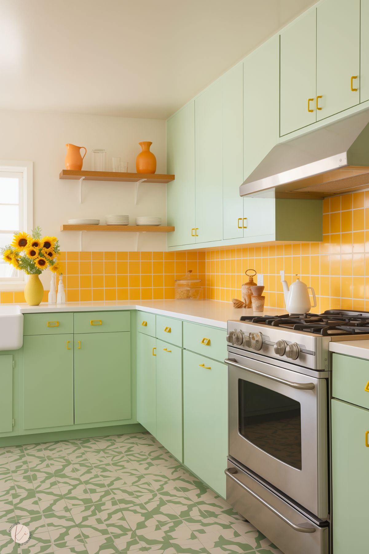 A vibrant kitchen with mint green cabinetry accented by bright yellow hardware and a bold yellow tiled backsplash. The stainless steel appliances add a modern touch, while open wooden shelves hold minimalist dishware and orange pitchers for a pop of warmth. A vase of sunflowers on the countertop adds a cheerful, fresh element. The patterned green and white floor tiles tie the color scheme together, creating a playful and inviting space.