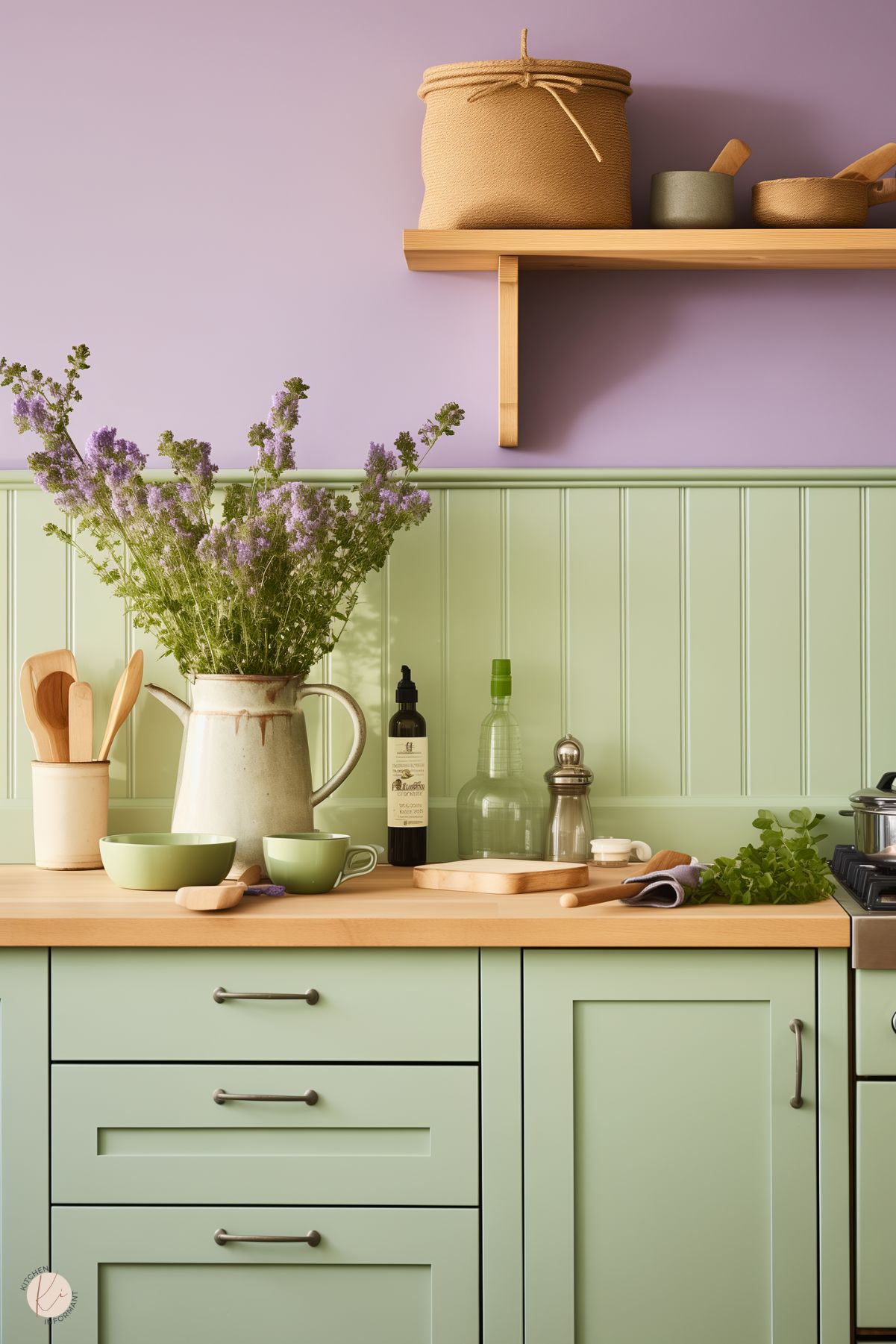 A cozy kitchen with sage green cabinetry and beadboard paneling, paired with a butcher block countertop. The walls above the paneling are painted a soft lavender, complementing the delicate sprigs of lavender flowers arranged in a rustic pitcher. Wooden kitchen utensils, green dishware, and a simple wooden shelf with woven storage baskets add to the natural and serene aesthetic. The space is warm and inviting, with subtle earthy tones and pops of greenery.