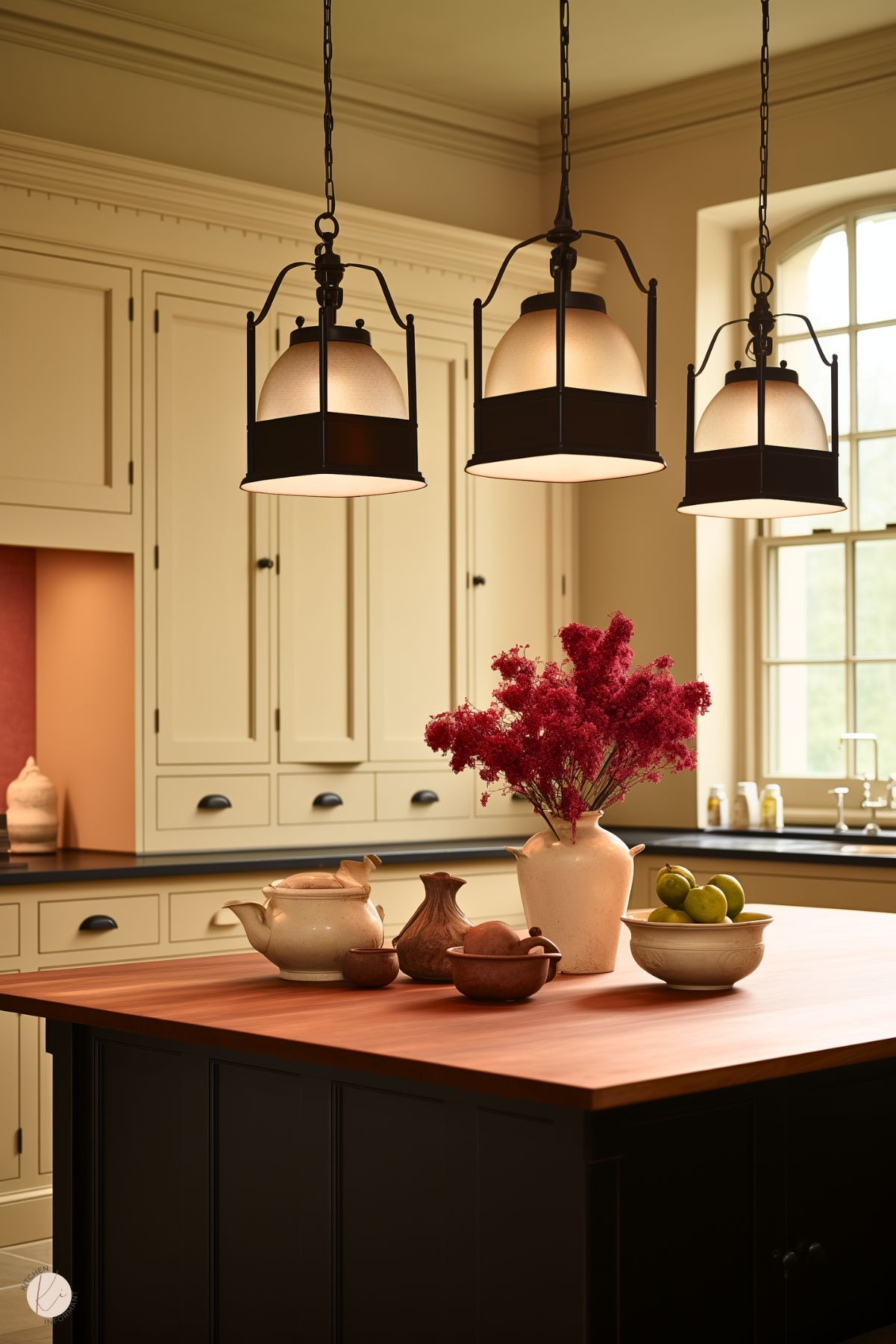 A classic kitchen with creamy cabinetry and black countertops, featuring a large island with a warm wooden top and dark base. Pendant lights with black frames and soft beige shades hang above the island, adding a vintage touch. The countertop is styled with rustic pottery, a vase of deep red flowers, and a bowl of green apples, creating a cozy and inviting atmosphere. Natural light streams through the arched windows, enhancing the warm and traditional design.