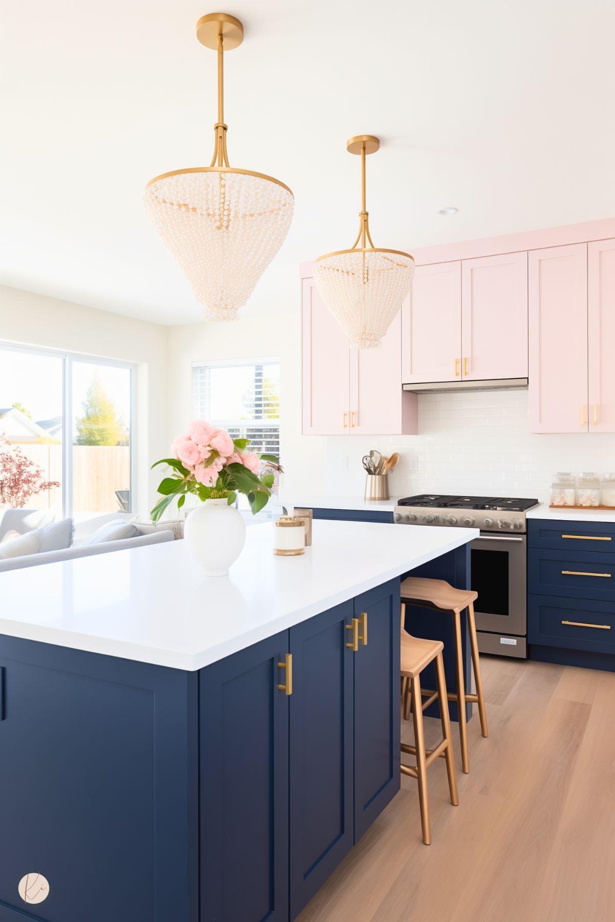 A bright and elegant kitchen with navy blue lower cabinets and soft pink upper cabinets, accented by gold hardware. The island features a white countertop with wooden bar stools and is adorned with a white vase of pink flowers. Two pearl-beaded chandeliers hang above the island, adding a touch of luxury. Light wood flooring and large windows provide warmth and natural light, creating a cheerful and inviting atmosphere.