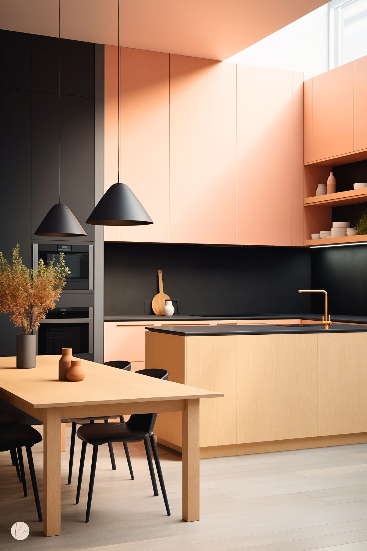 A sleek, modern kitchen with soft peach upper cabinets contrasted by matte black accents, including a backsplash, countertops, and pendant lights. The lower cabinets feature a light wood finish that matches the dining table, creating a harmonious and minimalist aesthetic. The open shelving holds neutral decor, and a touch of greenery adds warmth. A large skylight floods the space with natural light, highlighting the clean lines and contemporary design.