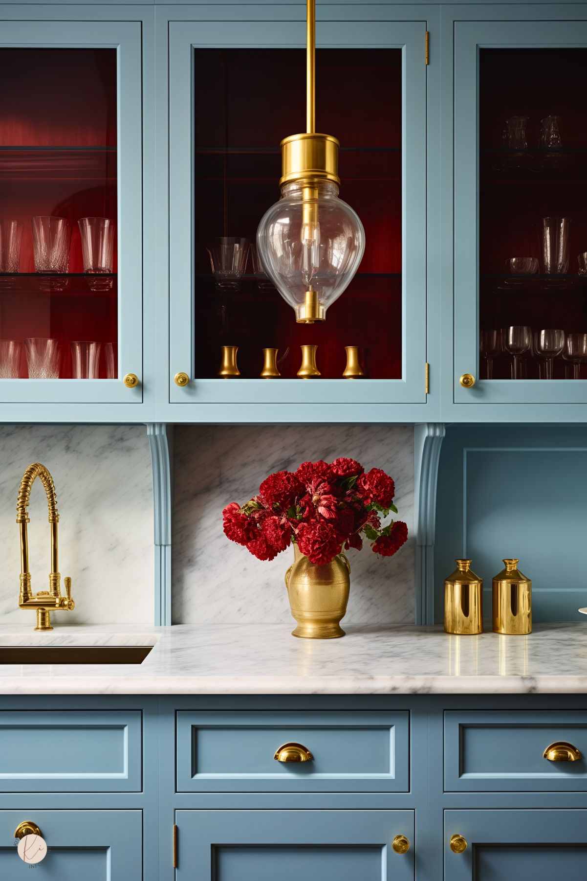 A luxurious kitchen with light blue cabinetry featuring brass hardware and accents. Glass-front cabinets reveal a rich red interior, showcasing glassware and golden decor. The marble countertop and backsplash add elegance, complemented by a gold faucet with intricate detailing. A golden vase filled with vibrant red flowers sits alongside gold-toned bottles, creating a dramatic and sophisticated contrast. A pendant light with a brass finish adds a warm glow to the refined space.