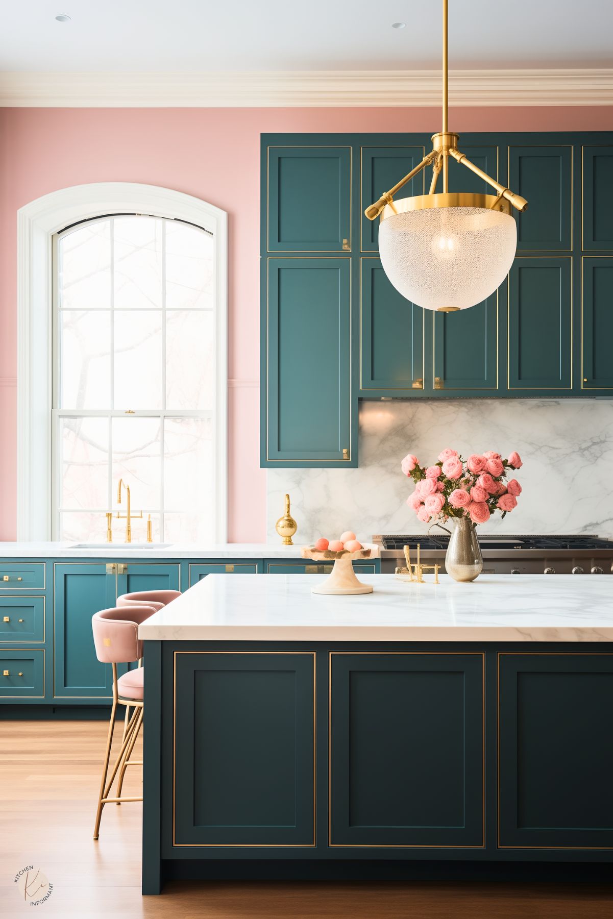 A sophisticated kitchen featuring deep teal cabinetry with gold trim and hardware, paired with a white marble countertop and backsplash. The space is accented by blush pink walls, a large arched window, and soft pink velvet bar stools with gold bases. A modern gold pendant light with a frosted globe adds elegance, while a vase of pink flowers and a wooden cake stand with eggs bring warmth and charm to the design. The overall aesthetic blends luxury with soft, inviting tones.