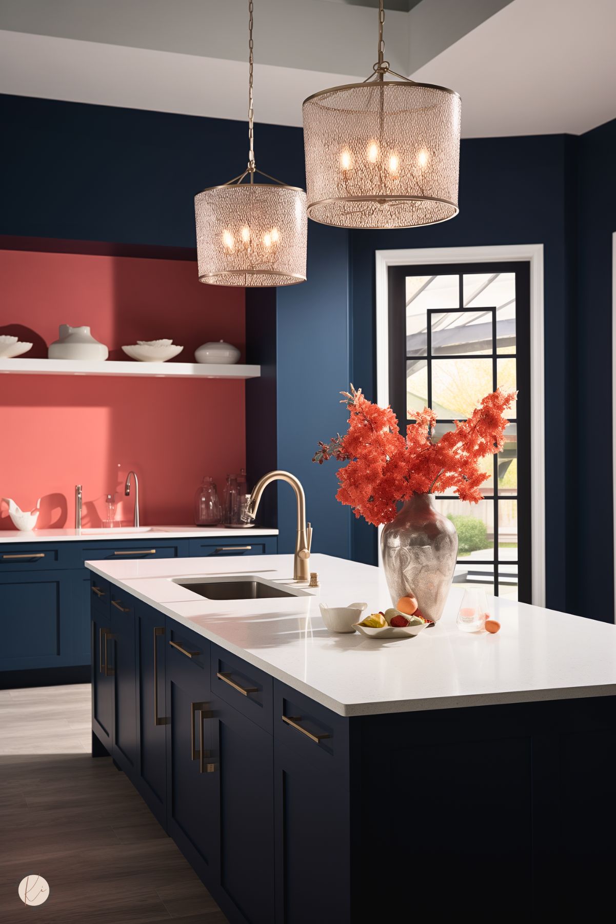 A contemporary kitchen with deep navy cabinetry, gold hardware, and a bold coral accent wall. The island features a crisp white countertop with a sleek gold faucet and is decorated with a metallic vase of vibrant orange foliage. Elegant pendant lights with textured shades hang above the island, adding a warm glow. A large window with black framing brings in natural light, balancing the rich color palette with brightness and sophistication. White dishes and minimal decor enhance the clean and modern aesthetic.