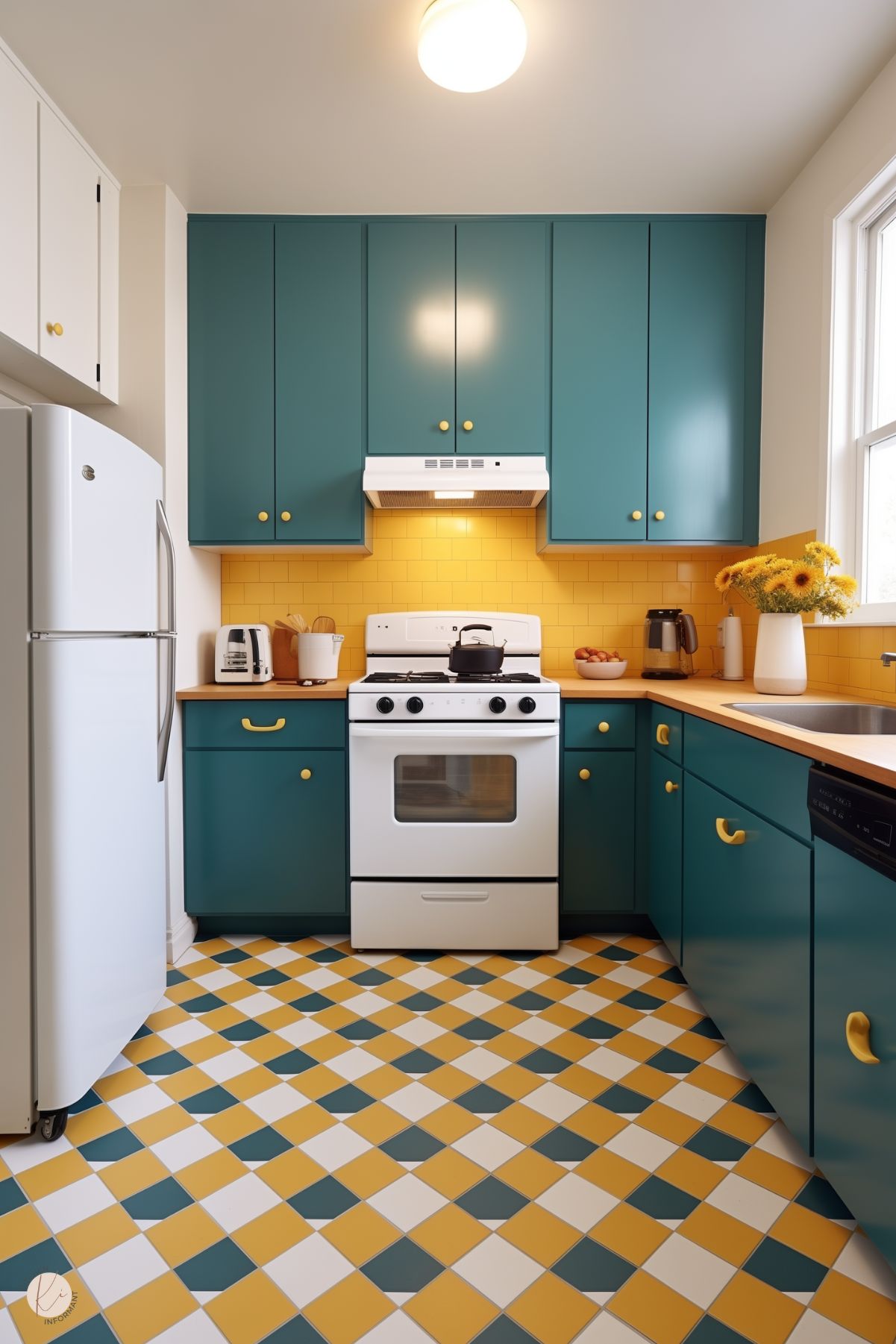 A cheerful kitchen with teal lower cabinets and white upper cabinets, accented by yellow tile backsplash and yellow cabinet handles. The space features a white stove and refrigerator, with a warm wooden countertop adding contrast. The floor is designed with a playful checkered pattern in teal, yellow, and white, tying the color scheme together. A vase of sunflowers and small kitchen appliances add functional and decorative elements.