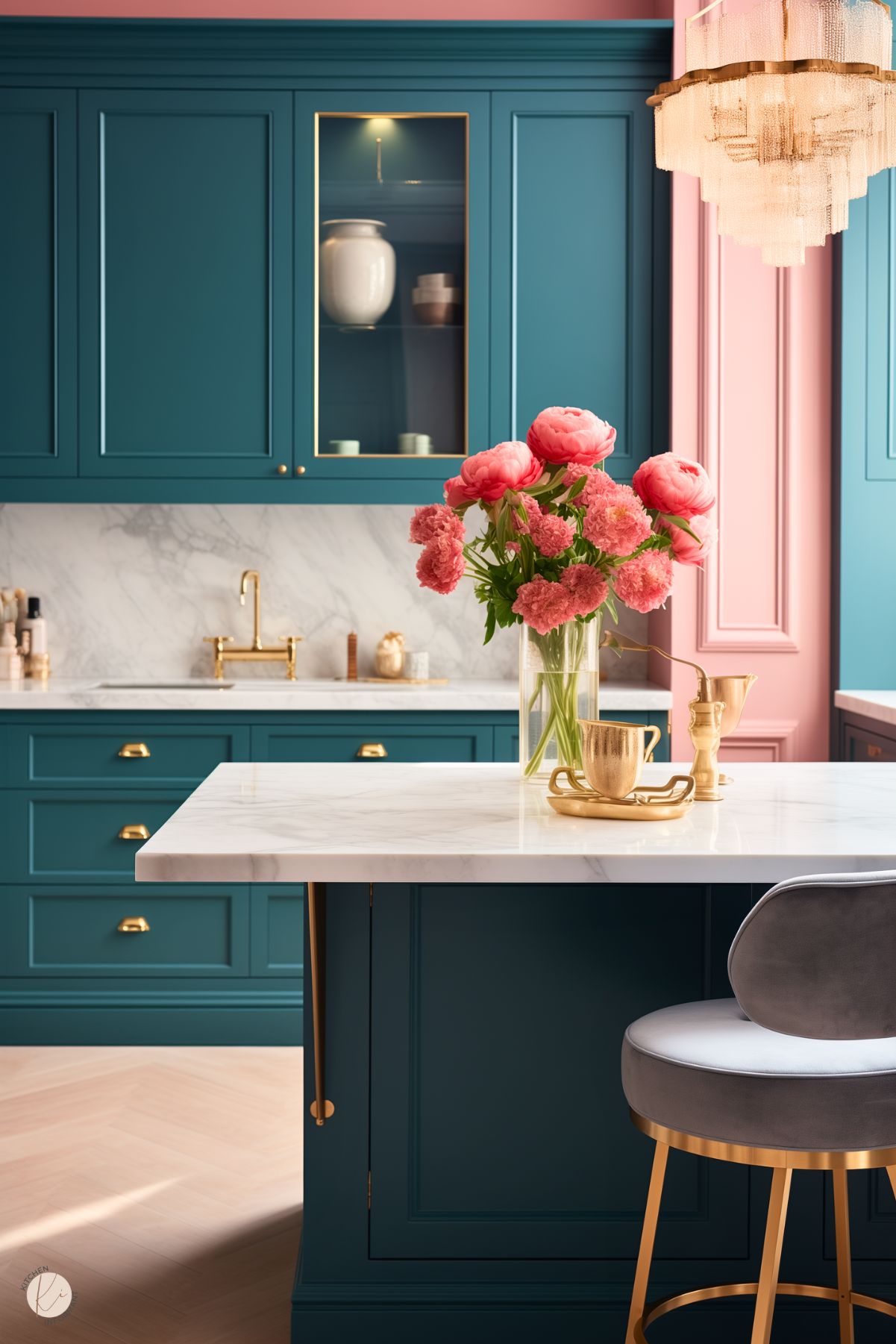 A modern kitchen featuring teal cabinetry with brass hardware, a white marble countertop, and a matching marble backsplash. A vase with vibrant pink flowers sits on the island, accompanied by gold-toned accessories. The backdrop includes soft pink wall paneling and a luxurious tiered chandelier.