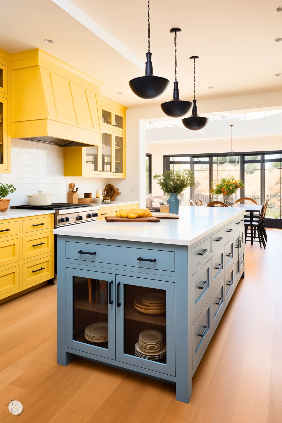 A lively kitchen with bright yellow cabinetry and a large sky-blue island featuring glass-front cabinets and black hardware. The white countertops and backsplash provide a clean contrast, while matte black pendant lights add a modern touch. Natural light floods the space through large windows and a glass door, with greenery and fresh produce adding warmth and vibrancy. The light wood flooring ties the colorful elements together, creating an inviting and dynamic atmosphere.