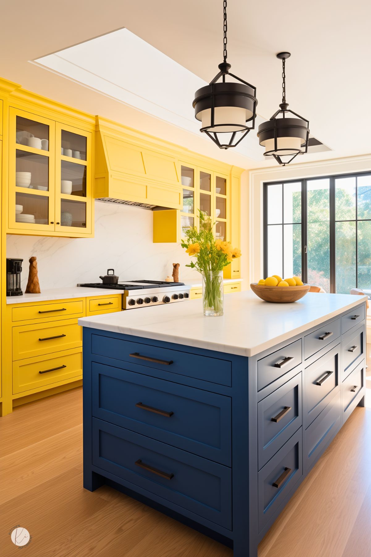 A vibrant kitchen featuring bright yellow cabinetry with black hardware, paired with a bold royal blue island topped with a white countertop. The island is styled with fresh yellow flowers in a glass vase and a wooden bowl of lemons, adding cheerful accents. Black industrial-style pendant lights hang above, complementing the sleek black-framed glass doors that let in natural light. Light wood flooring ties the colorful elements together in this lively and modern space.