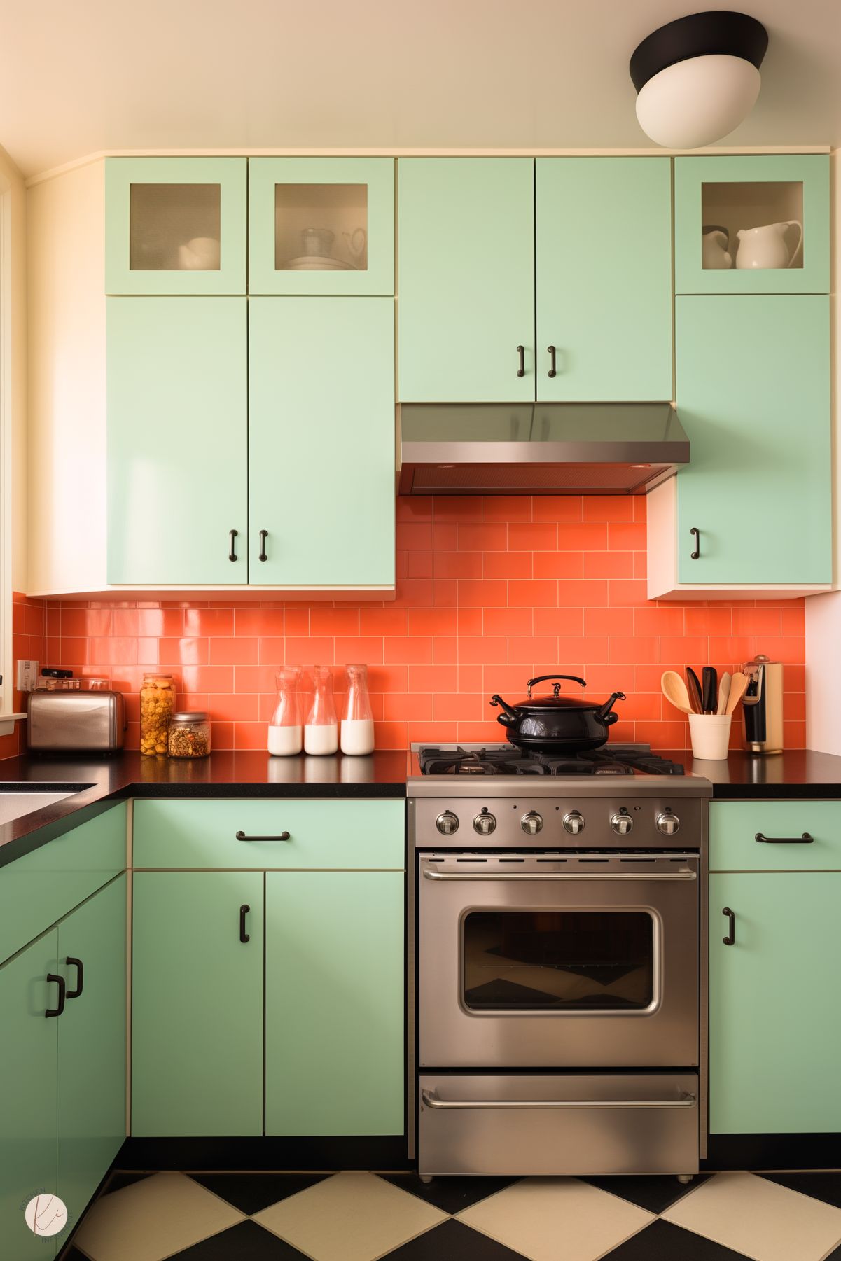 A retro-inspired kitchen with mint green cabinetry accented by black hardware and a bold coral subway tile backsplash. The stainless steel oven and range add a modern touch, while a black countertop provides contrast. Checkerboard flooring in black and white enhances the vintage vibe, and the space is styled with simple elements like glass jars, milk bottles, and wooden utensils for a clean yet nostalgic look. A ceiling-mounted light fixture completes the playful aesthetic.