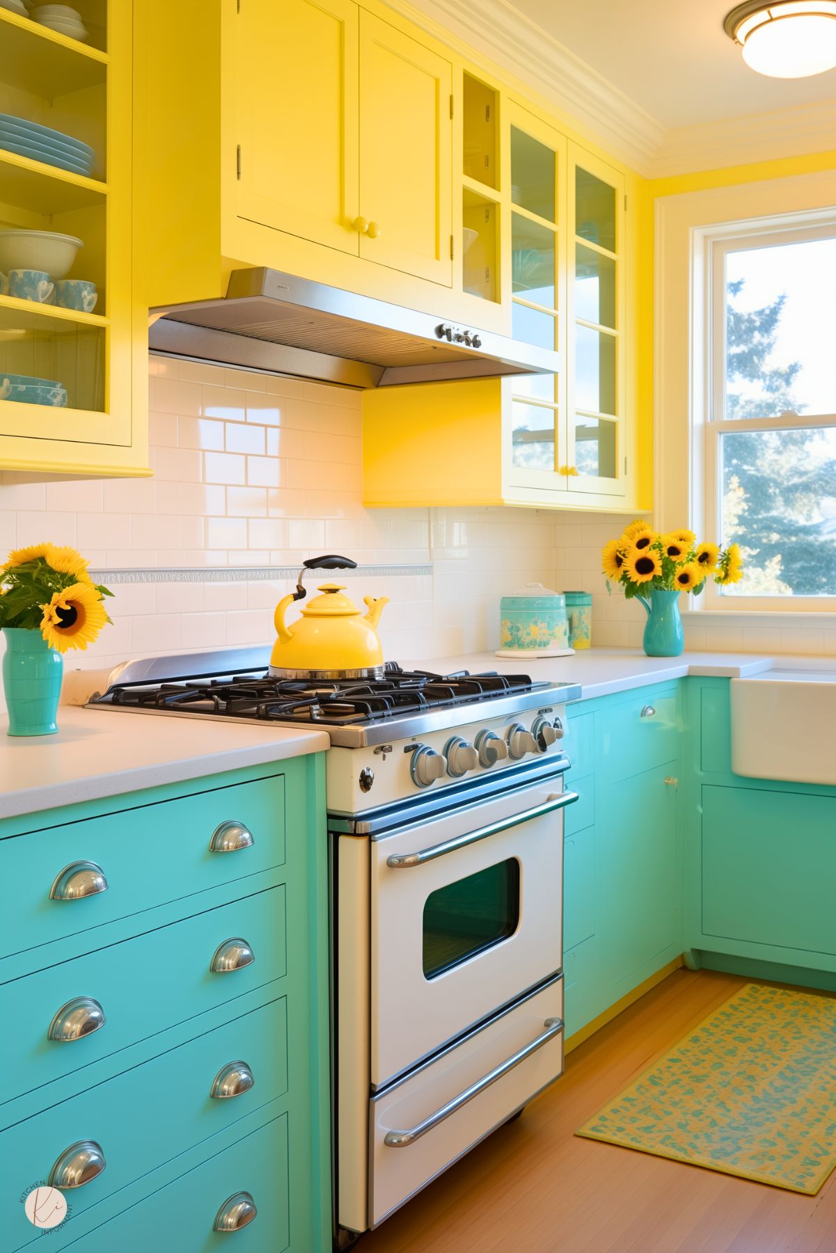 A cheerful kitchen with bright yellow upper cabinets and aqua lower cabinets, accented by silver cup pulls and a white farmhouse sink. The backsplash features classic white subway tiles, while a vintage-style white stove with chrome detailing adds a nostalgic touch. A yellow kettle and vases of sunflowers brighten the space further, complemented by a matching yellow and aqua rug. The design is playful, vibrant, and full of charm.