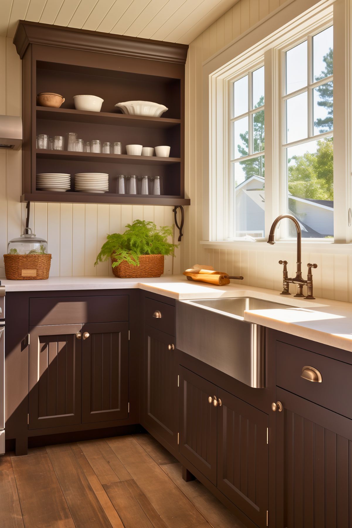 A charming farmhouse kitchen with deep brown beadboard cabinetry, white countertops, and open shelving displaying neatly arranged dishes and glassware. A large stainless steel farmhouse sink sits beneath a bright window, while warm wood flooring and wicker baskets add rustic charm. Soft natural light enhances the cozy, inviting feel.