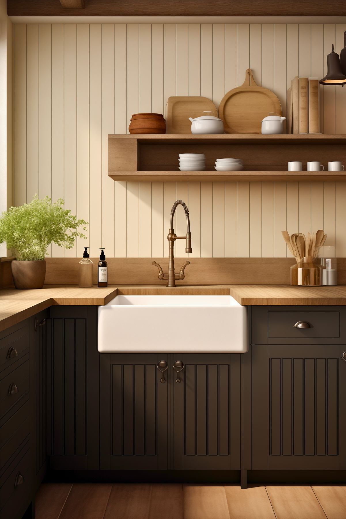 A charming farmhouse kitchen with dark beadboard cabinetry, warm wood countertops, and open shelving. A white farmhouse sink with a vintage-style bronze faucet sits against a beige paneled backsplash. Simple decor, including wooden cutting boards, ceramic dishes, and potted greenery, enhances the cozy, rustic feel.