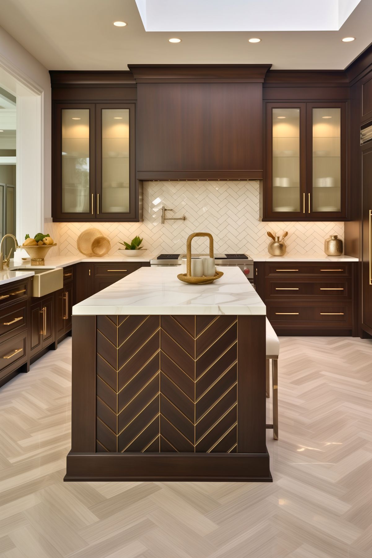 A sophisticated kitchen with deep brown cabinetry, gold accents, and white marble countertops. The island features a striking chevron pattern with gold inlays, complementing the sleek hardware. A herringbone tile backsplash and glass-front upper cabinets add elegance, while warm lighting enhances the inviting atmosphere.