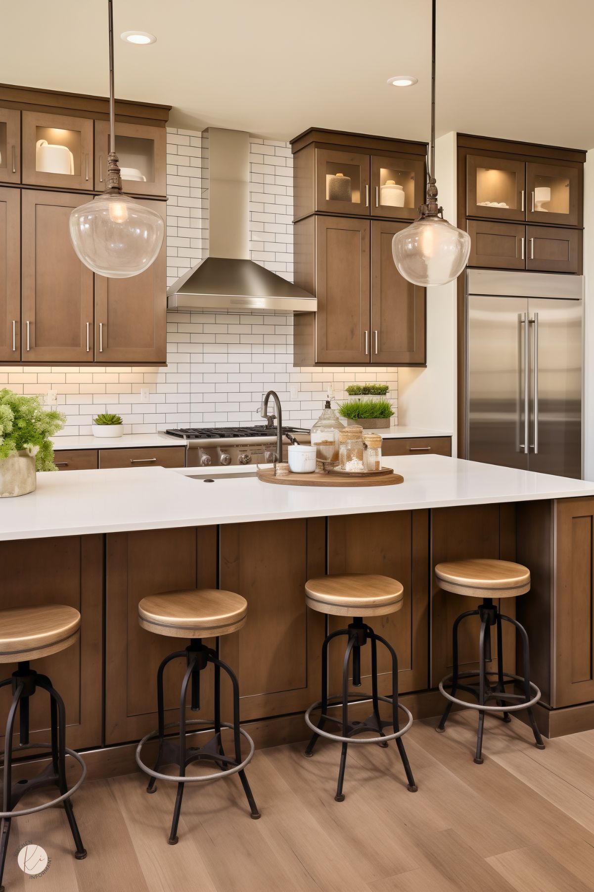 A warm, modern farmhouse kitchen with natural wood cabinetry, white quartz countertops, and a subway tile backsplash. A large island with industrial-style barstools provides seating, while glass pendant lights add a rustic touch. Stainless steel appliances and open shelving enhance the inviting, functional design.