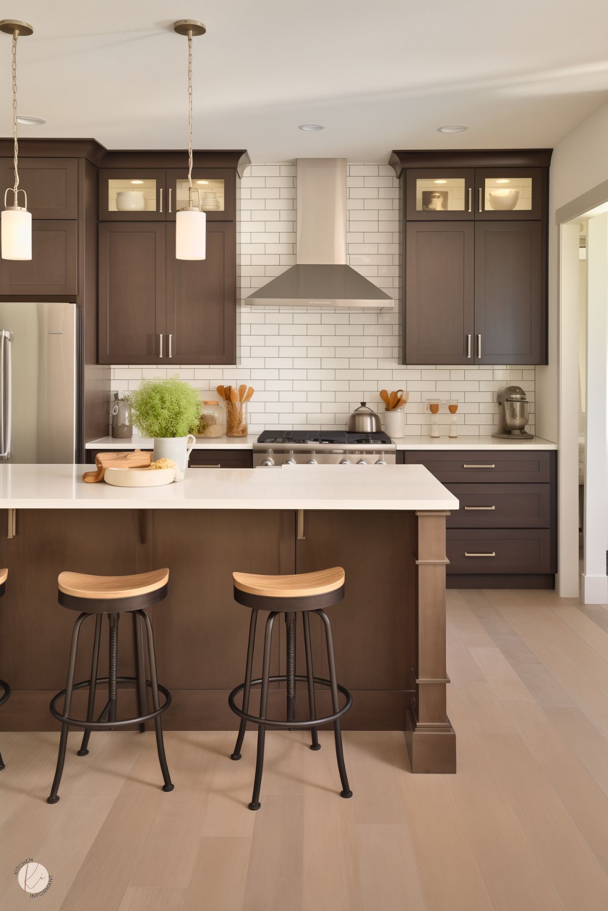 A modern farmhouse kitchen with deep brown cabinetry, a white subway tile backsplash, and a sleek stainless steel range hood. The large island features a white quartz countertop with industrial-style barstools that have wooden seats and metal legs. Pendant lights add warmth, while glass-front upper cabinets provide subtle display storage.